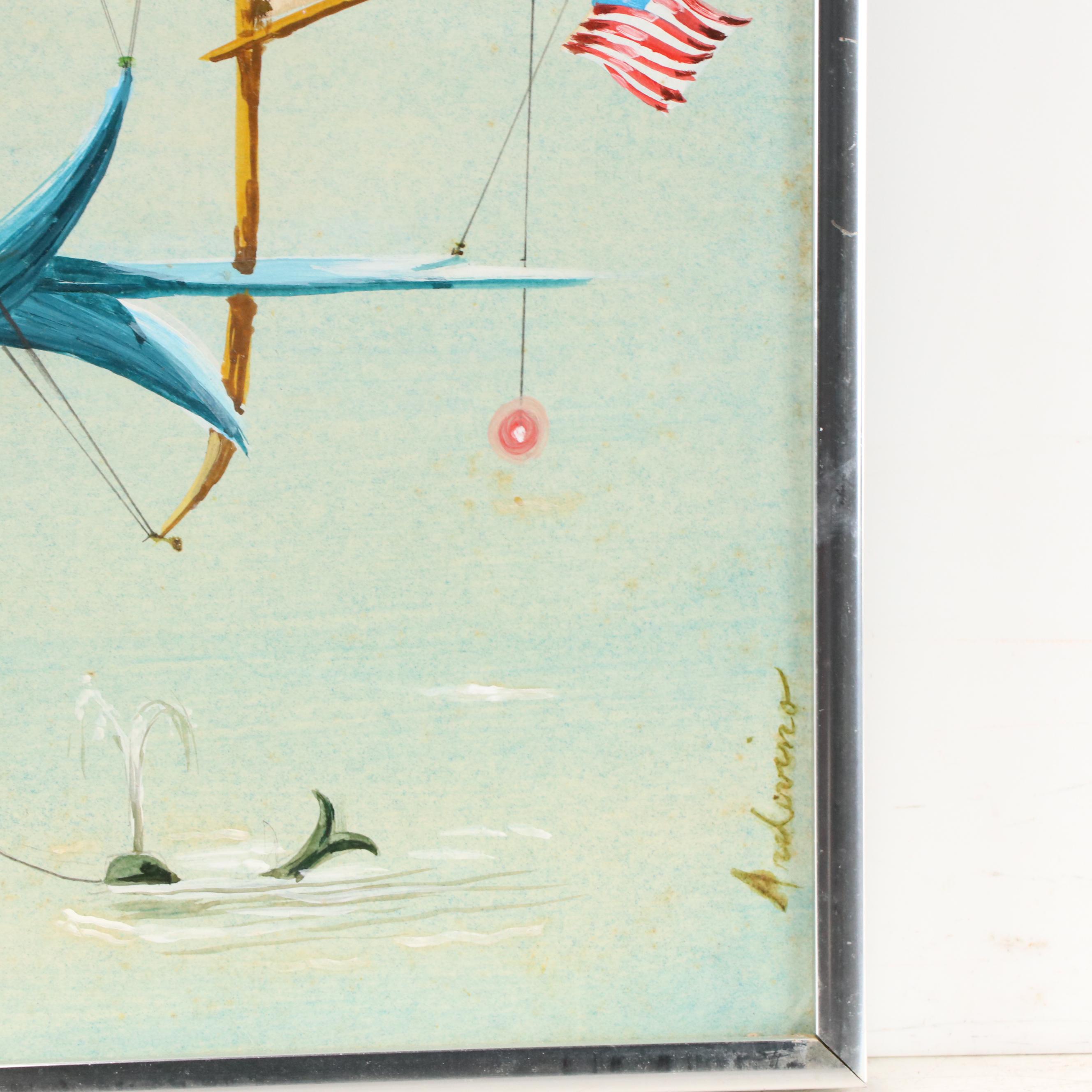 Surrealist Style Acrylic Painting of Hot Air Balloon Boat