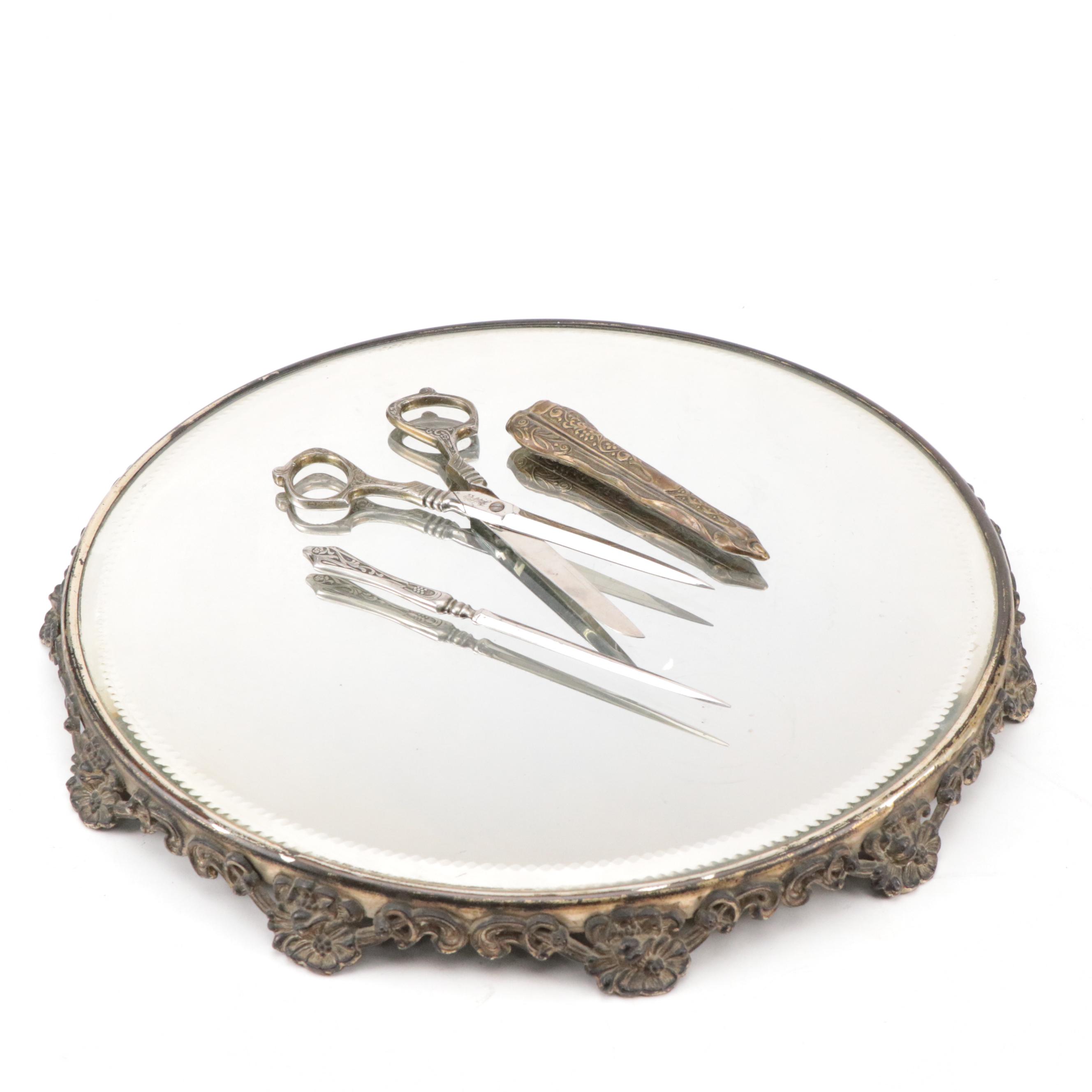 Art Nouveau Vanity Mirror with Griffon Cutlery Works Scissor & Letter Opener Set