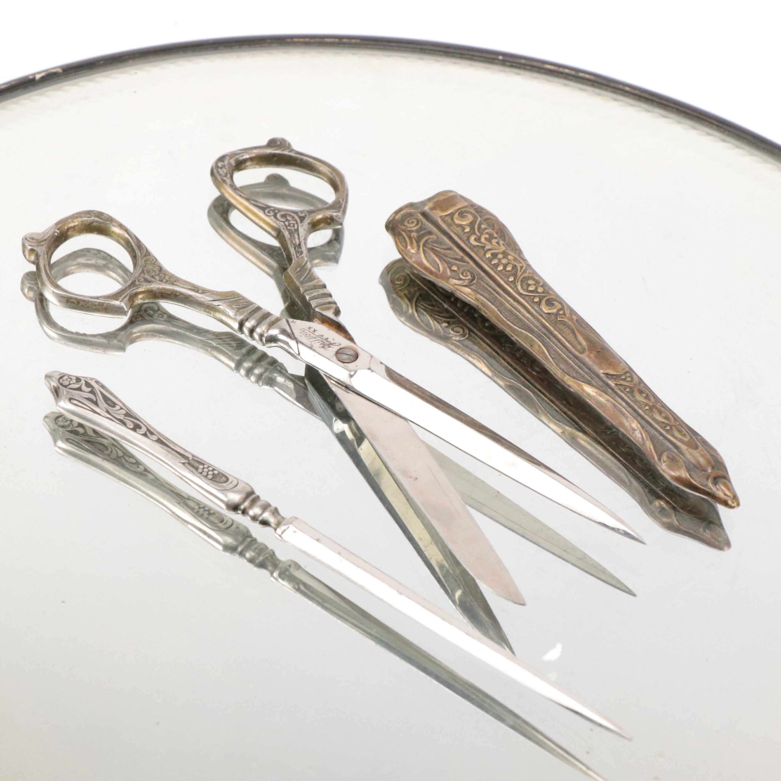 Art Nouveau Vanity Mirror with Griffon Cutlery Works Scissor & Letter Opener Set