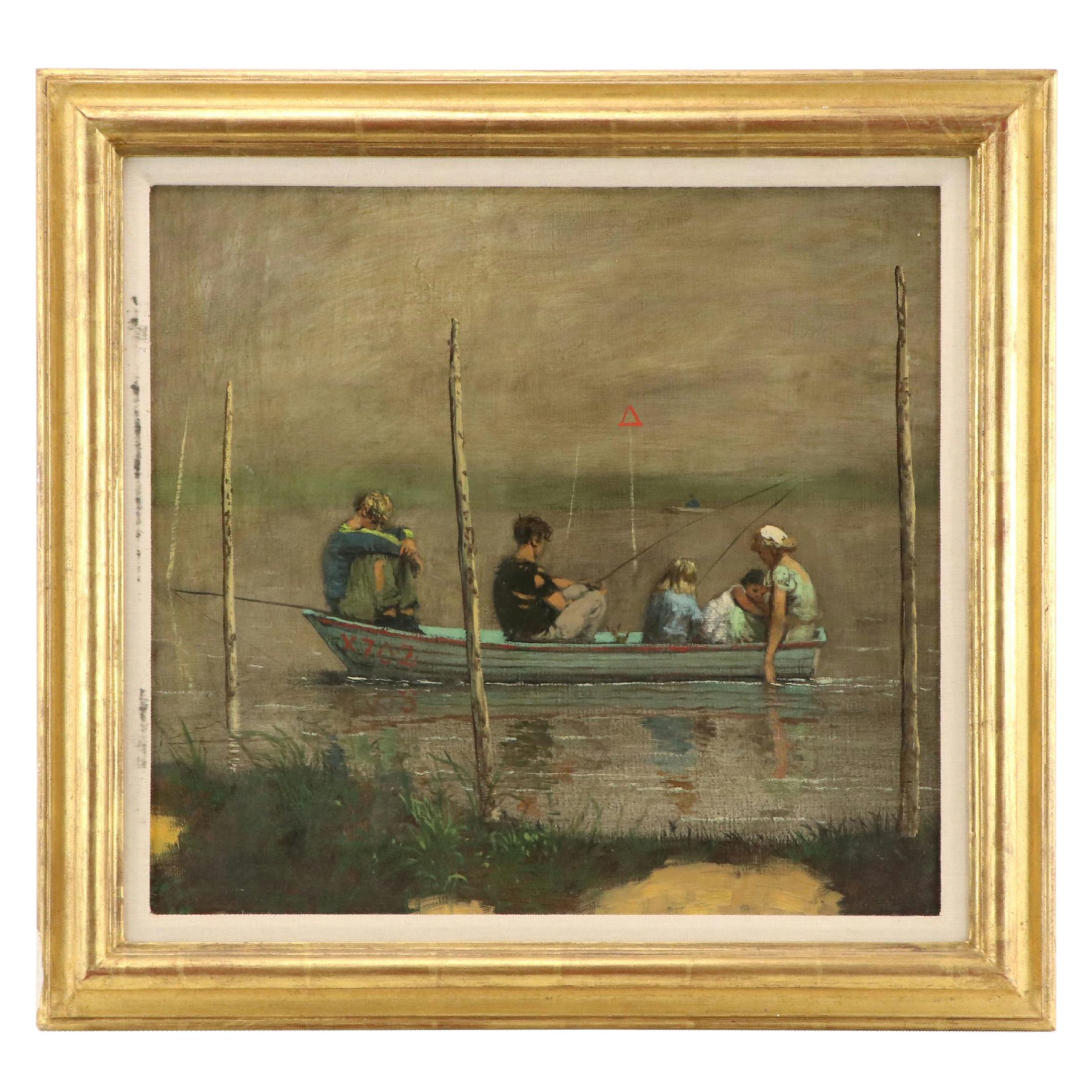 River Landscape Oil Painting of Figures in Boat, Mid-20th Century