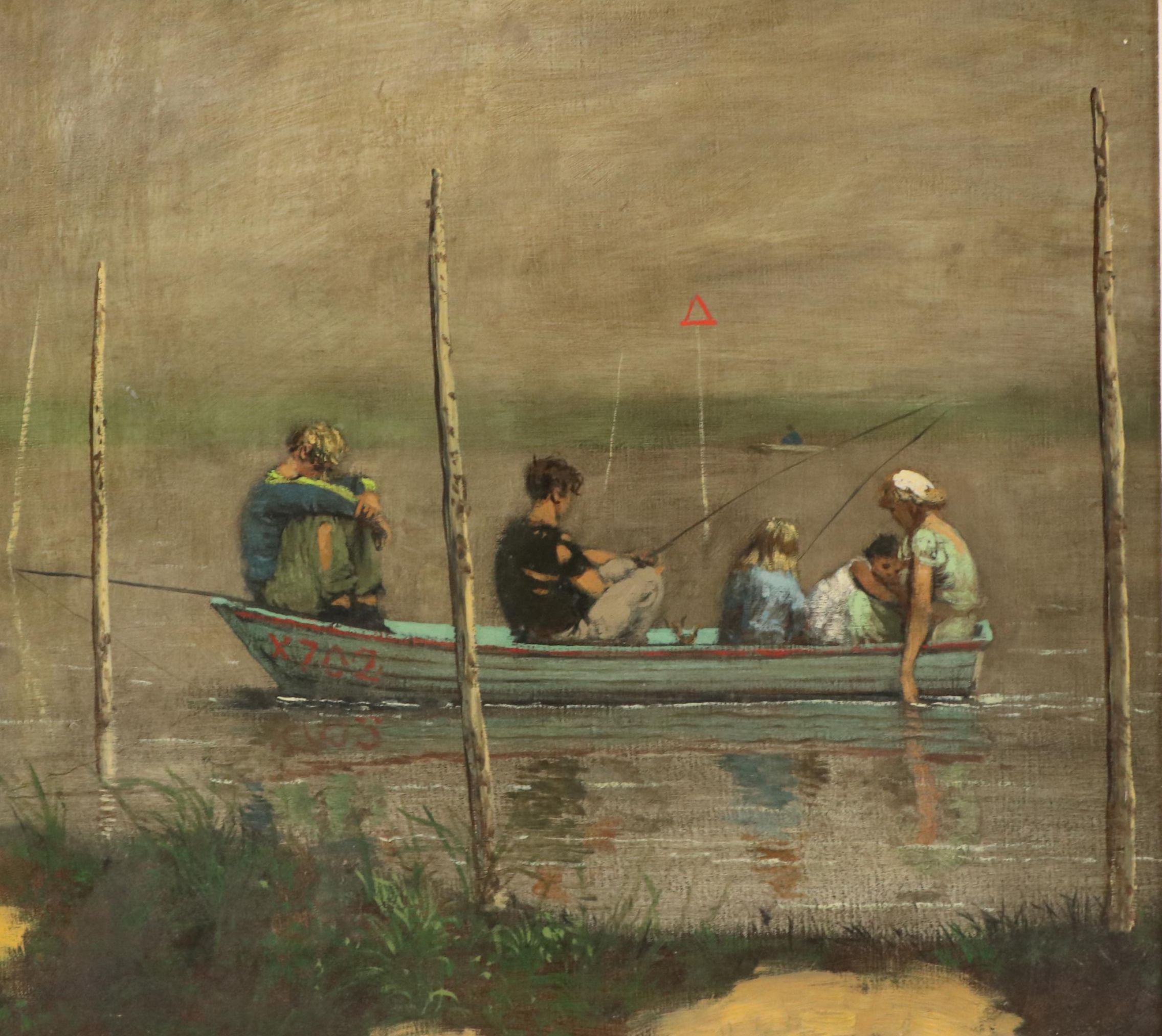 River Landscape Oil Painting of Figures in Boat, Mid-20th Century