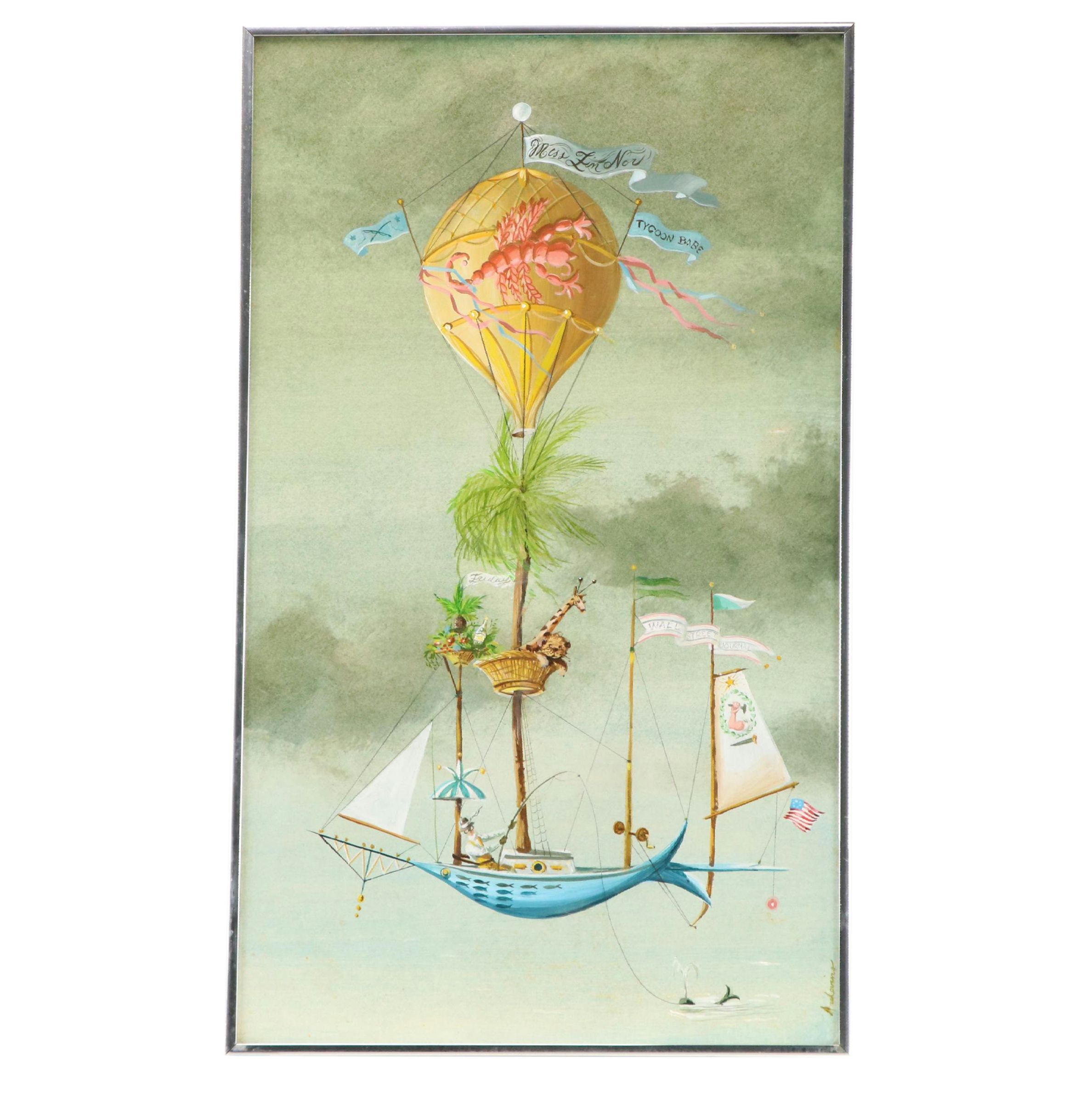 Surrealist Style Acrylic Painting of Hot Air Balloon Boat