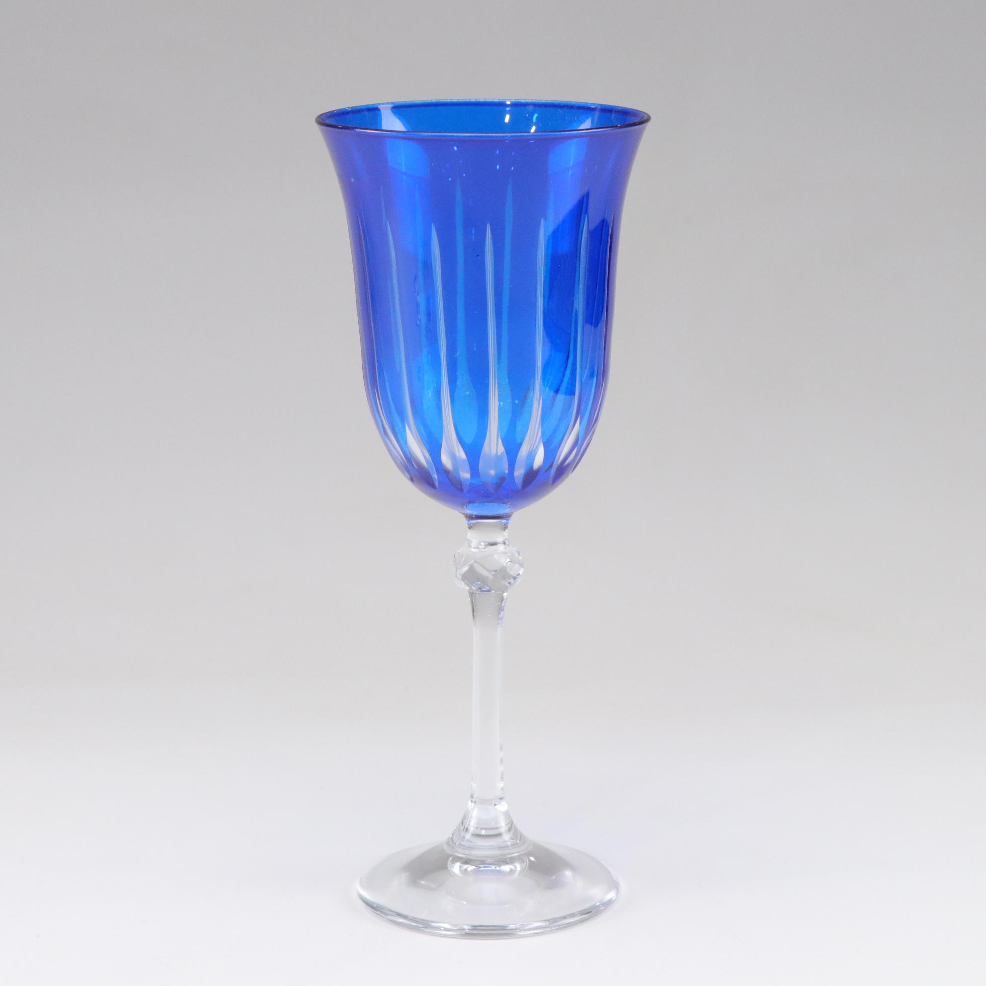 Cobalt Cut to Clear Glass Wine Stems, Set of Four