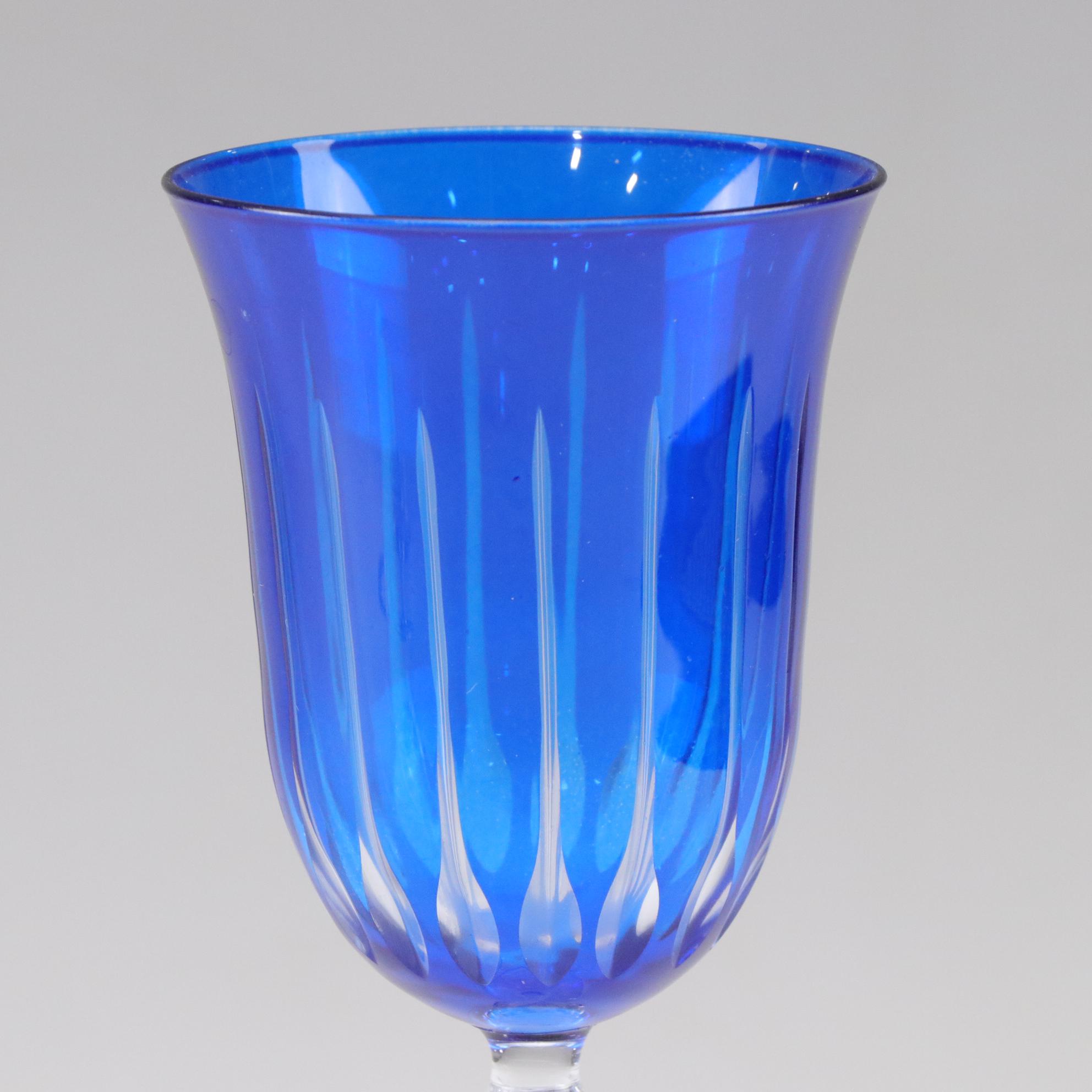 Cobalt Cut to Clear Glass Wine Stems, Set of Four