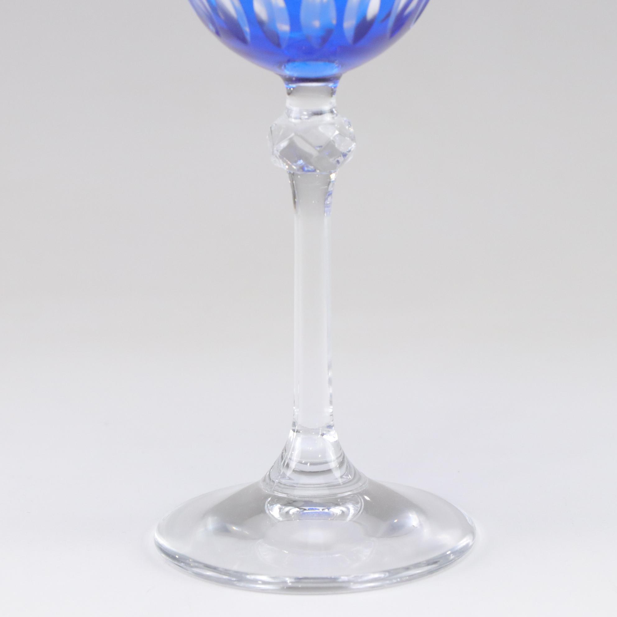 Cobalt Cut to Clear Glass Wine Stems, Set of Four