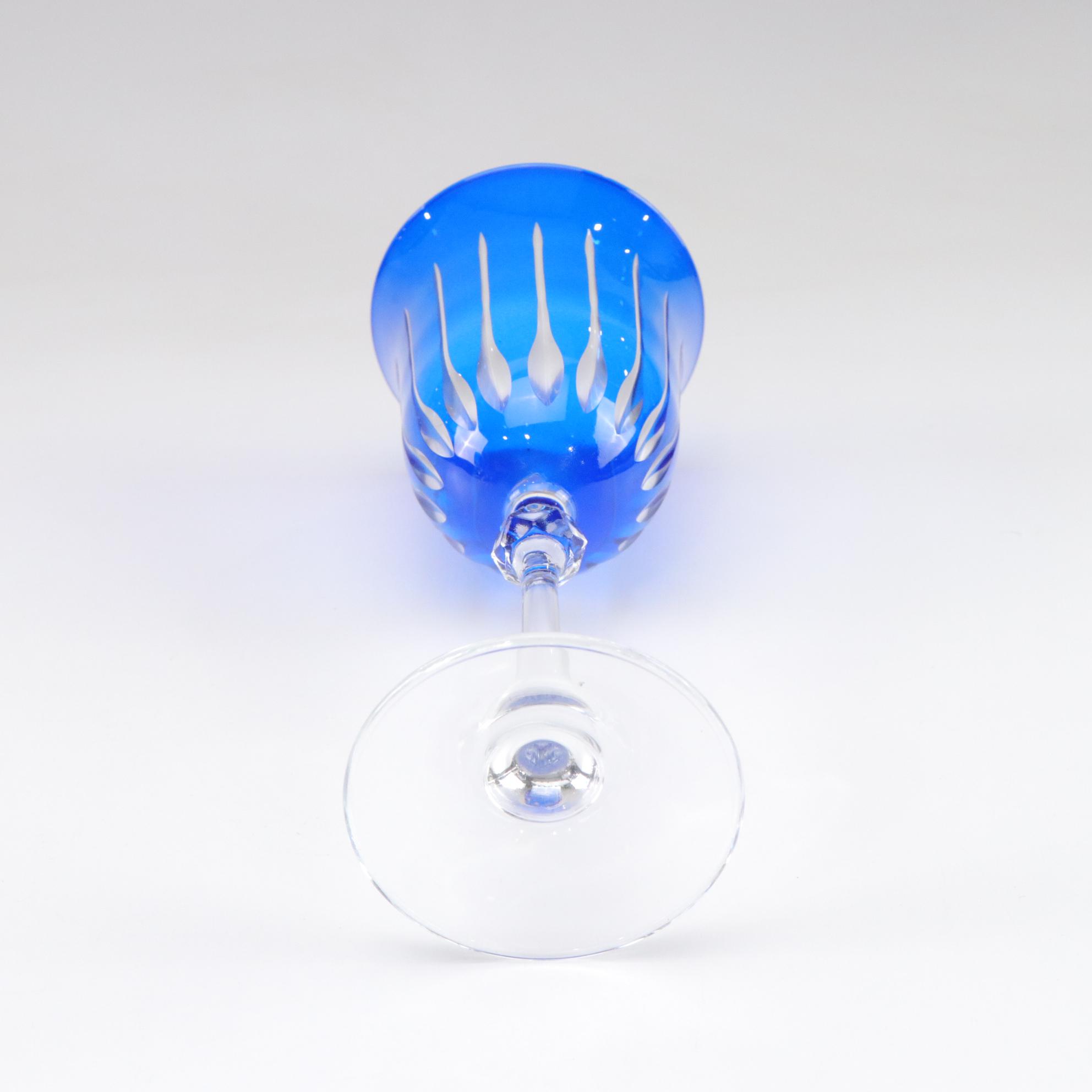 Cobalt Cut to Clear Glass Wine Stems, Set of Four