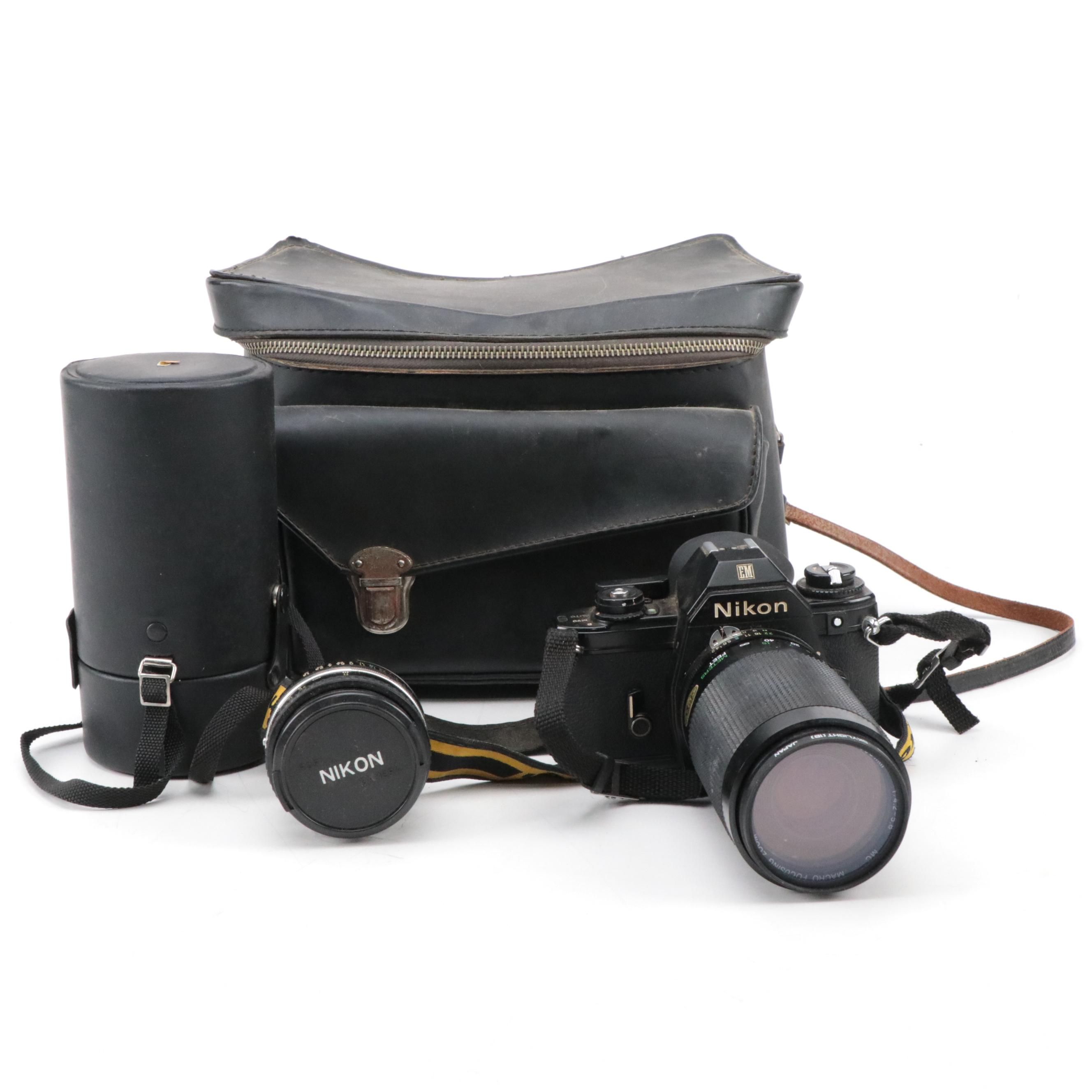 Nikon EM SLR Camera w/ Vivitar 55mm Macro Lens, Nikon Skylight Lens & Camera Bag