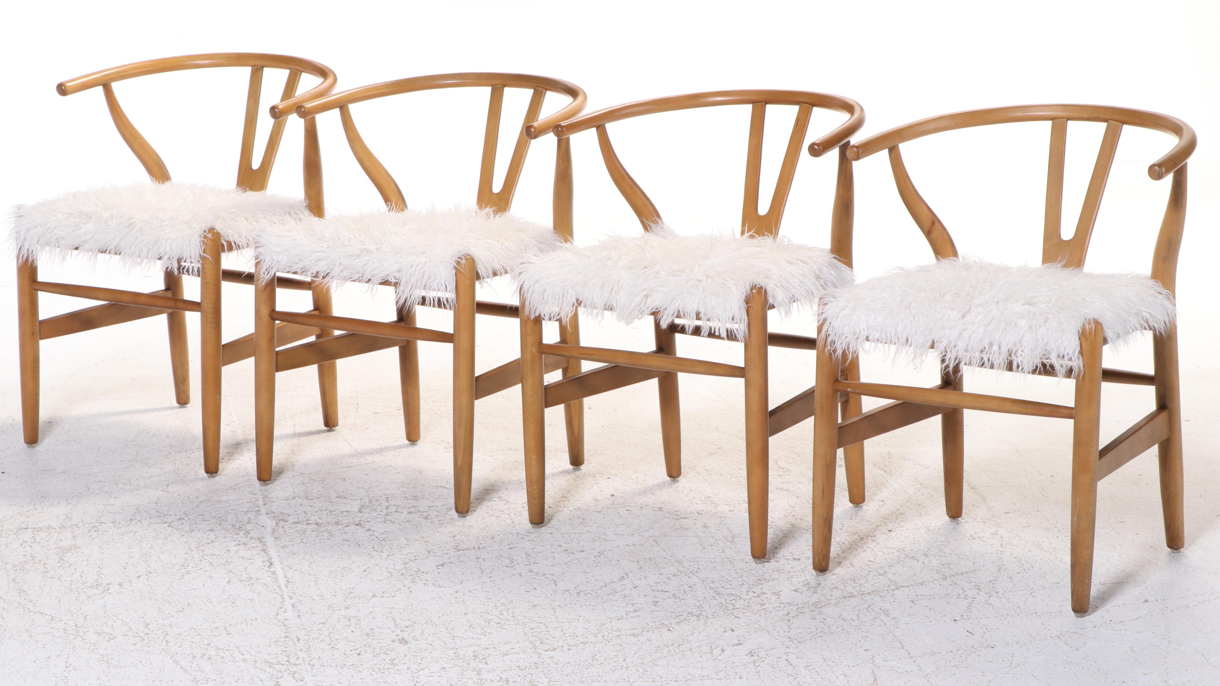 Four Cost Plus for World Market Modernist Style Beech & Faux-Fur Wishbone Chairs