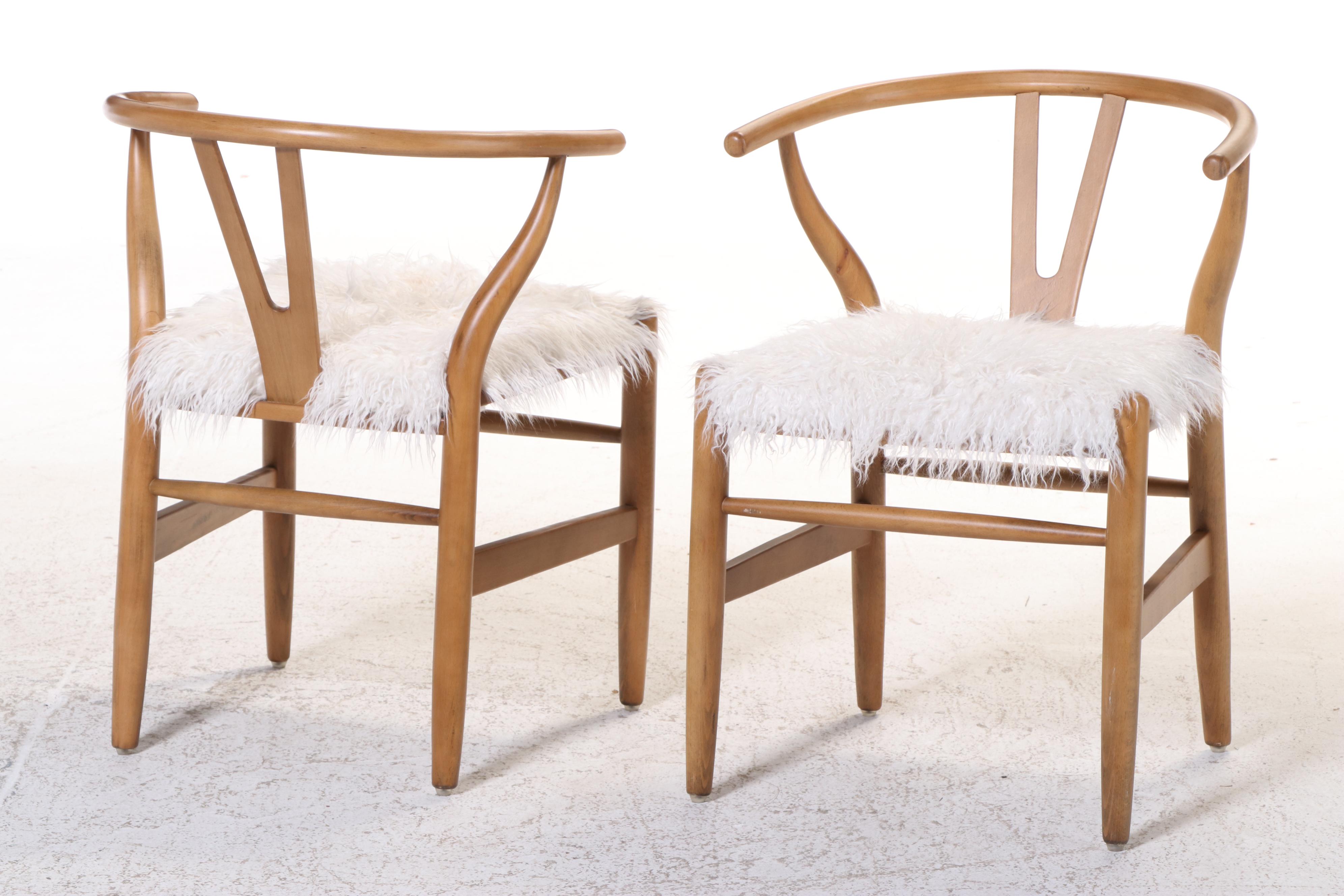 Four Cost Plus for World Market Modernist Style Beech & Faux-Fur Wishbone Chairs