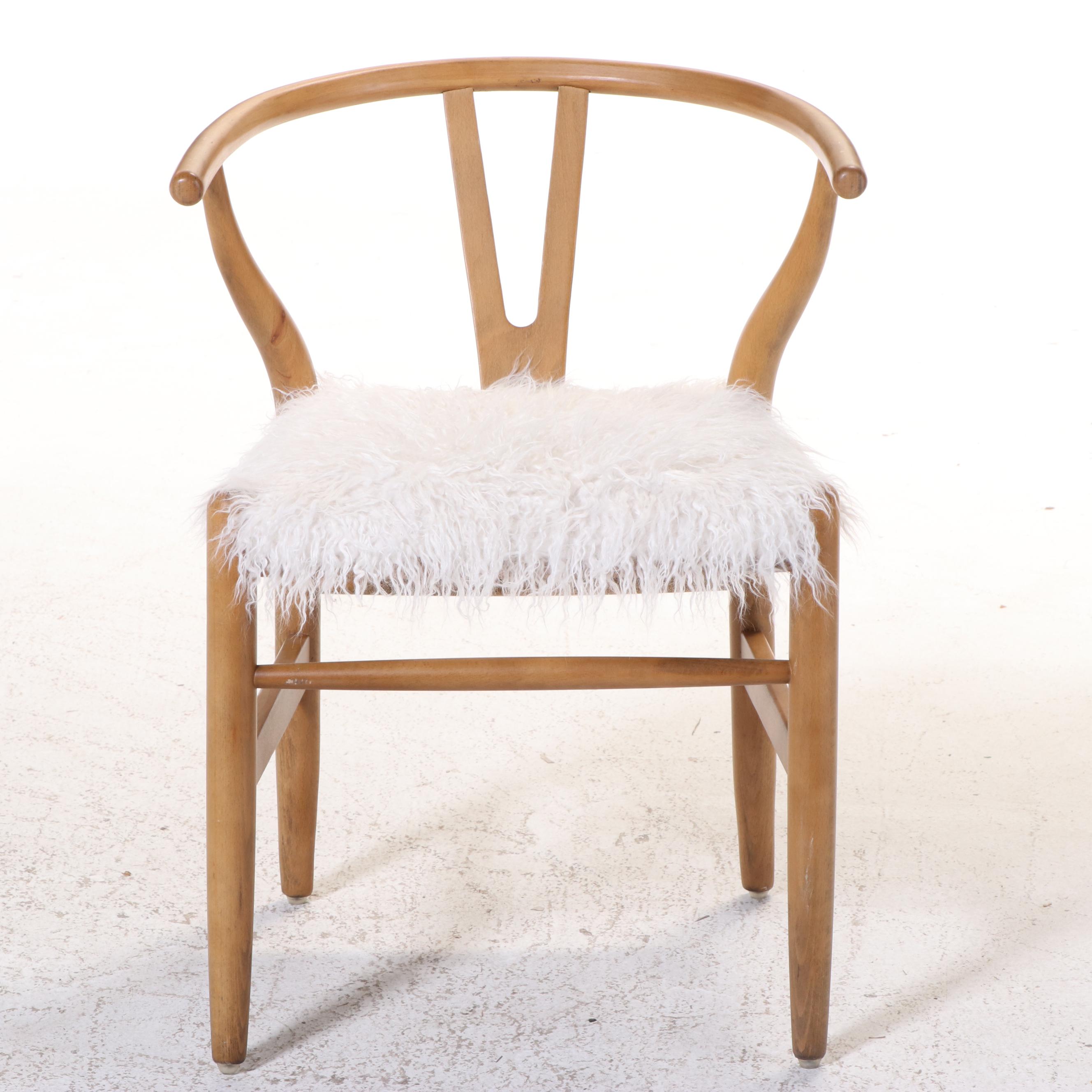 Four Cost Plus for World Market Modernist Style Beech & Faux-Fur Wishbone Chairs