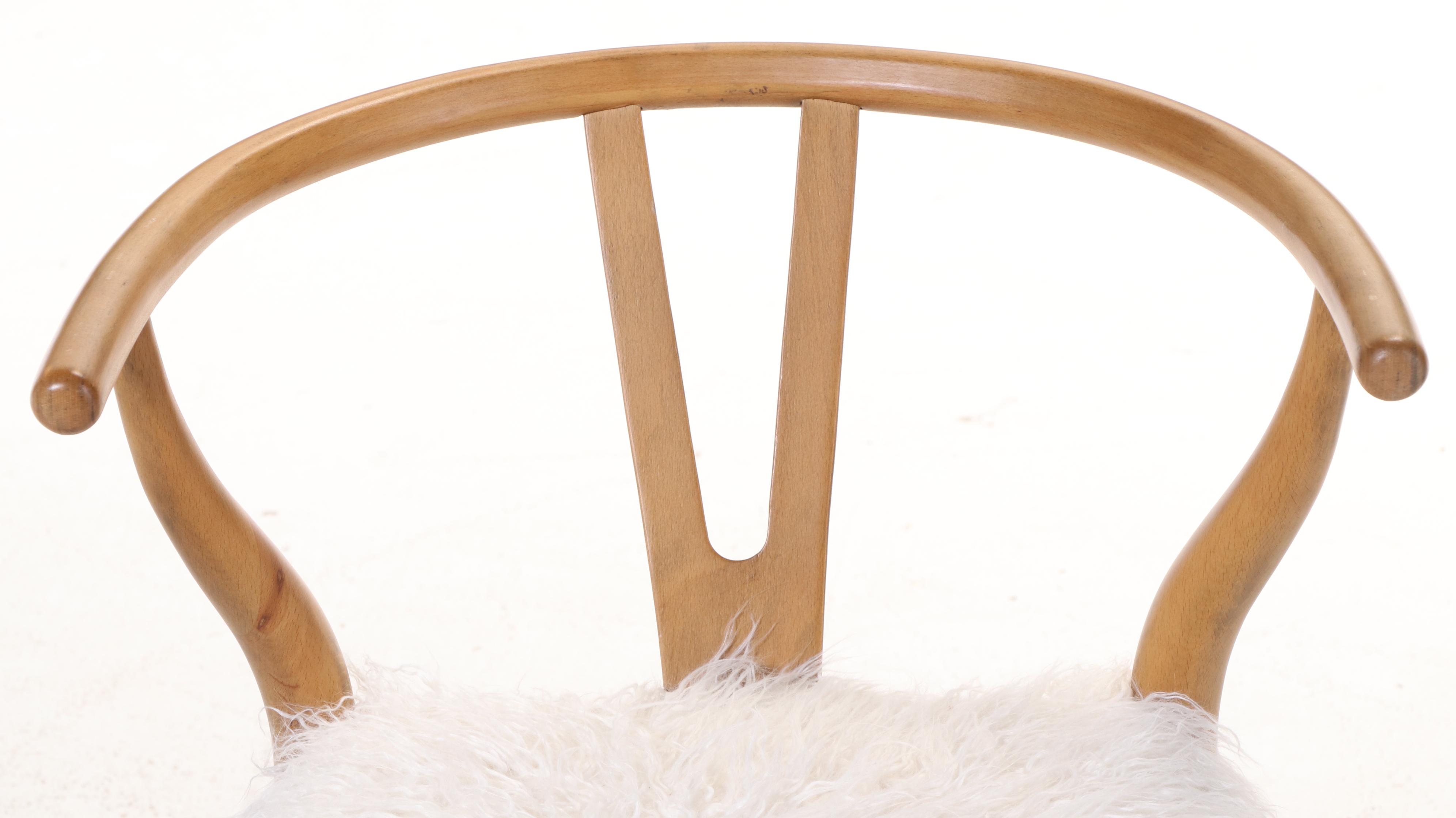 Four Cost Plus for World Market Modernist Style Beech & Faux-Fur Wishbone Chairs