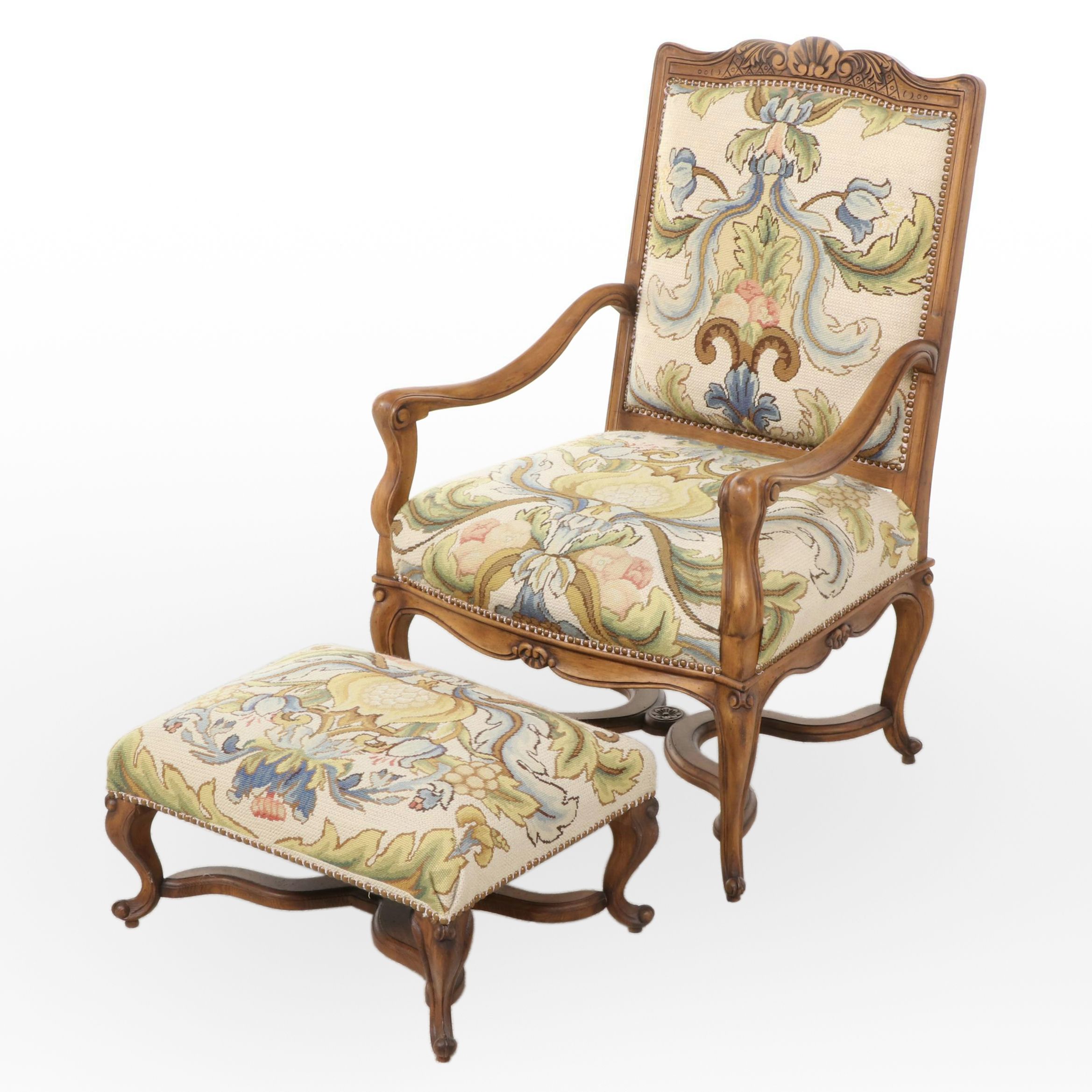 French Provincial Needlepoint Upholstered Carved Wood Armchair and Stool