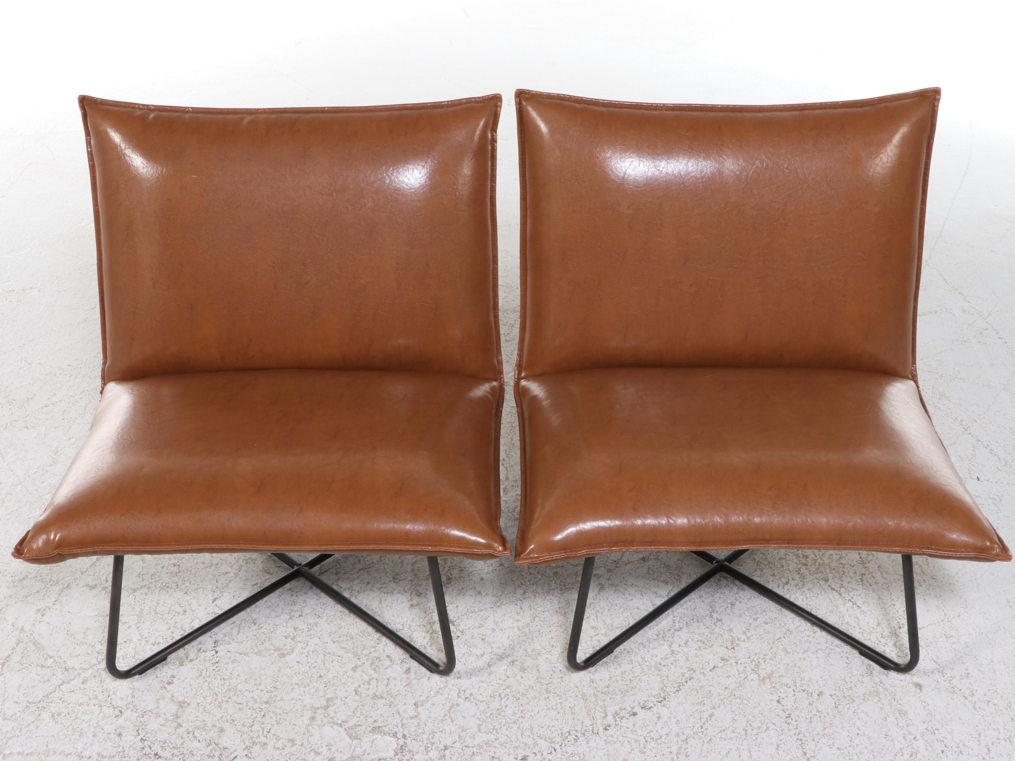 Pair of Mid Century Modern Style Faux Leather and Metal Slipper Chairs