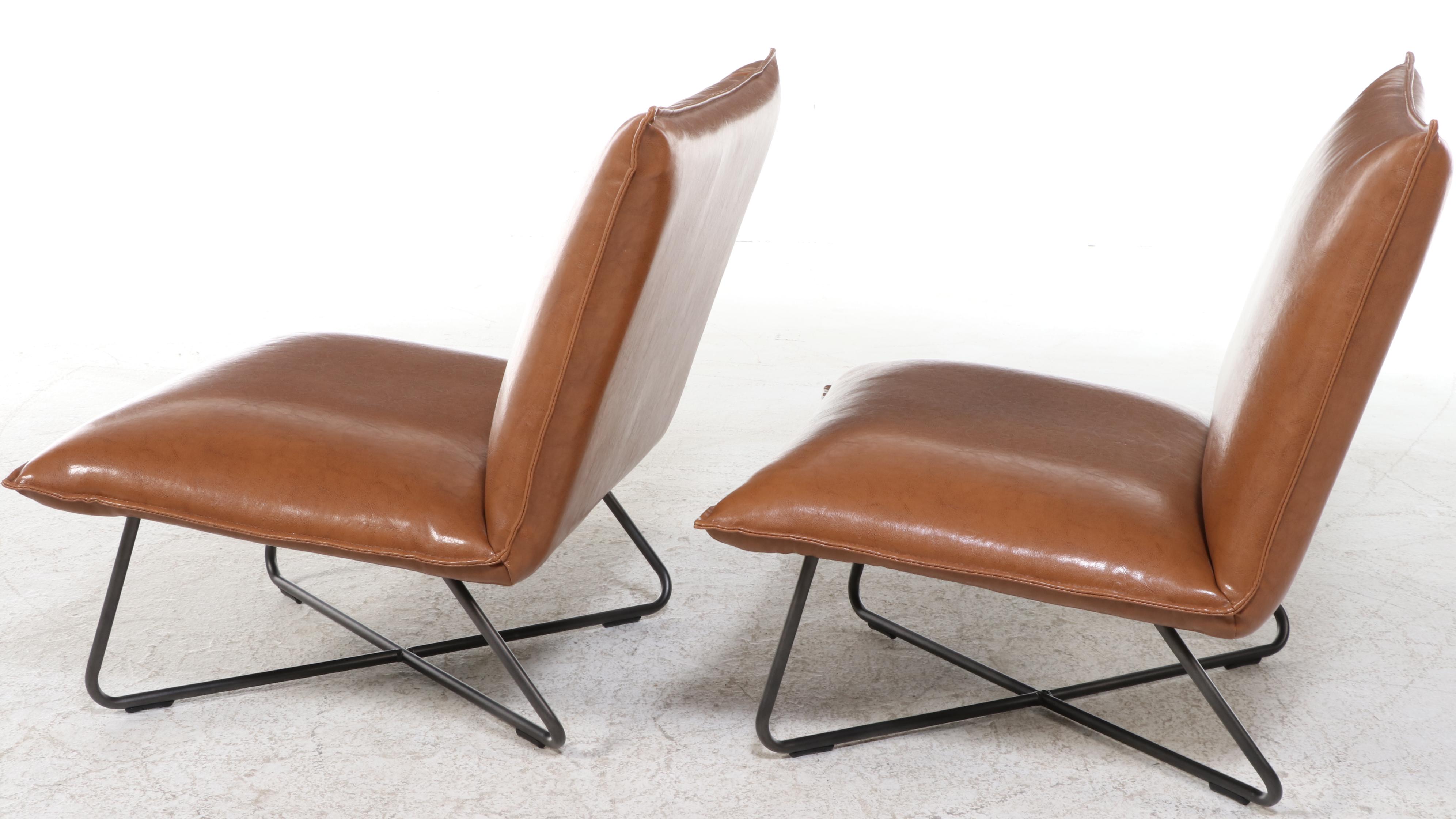 Pair of Mid Century Modern Style Faux Leather and Metal Slipper Chairs
