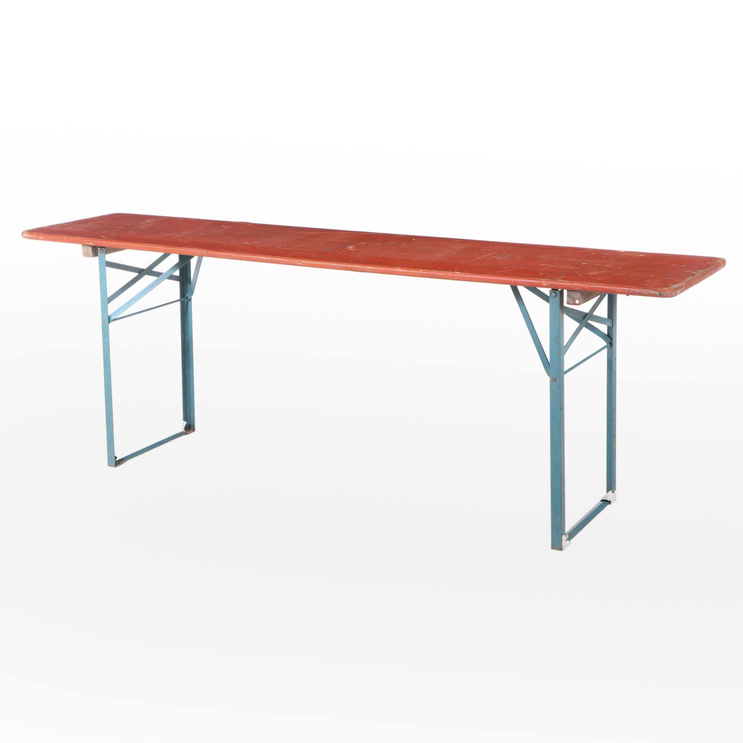 Three Piece German Wood and Metal Folding Biergarten Table and Benches