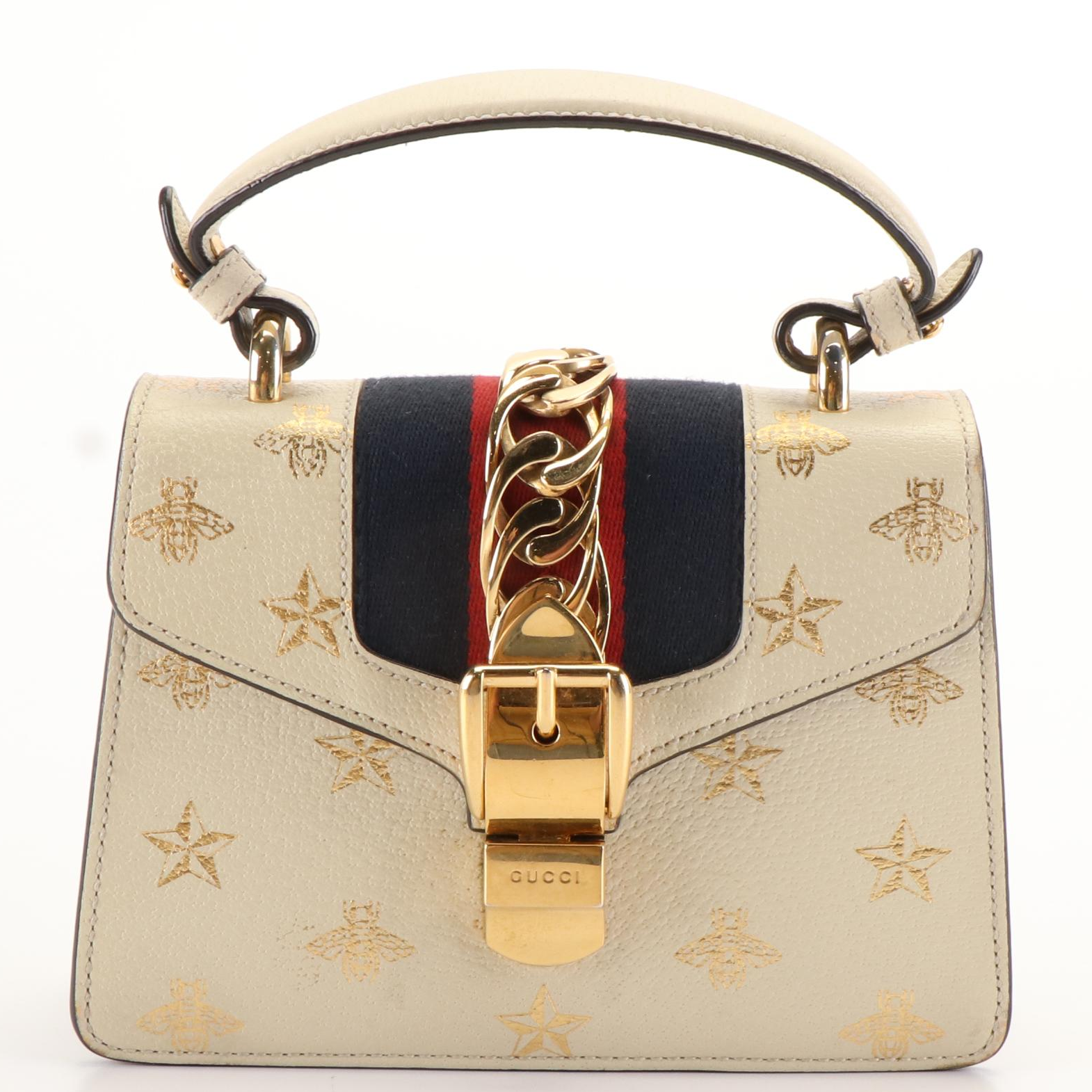 Gucci Sylvie Bee Star Ivory Leather Top Handle/Shoulder Bag