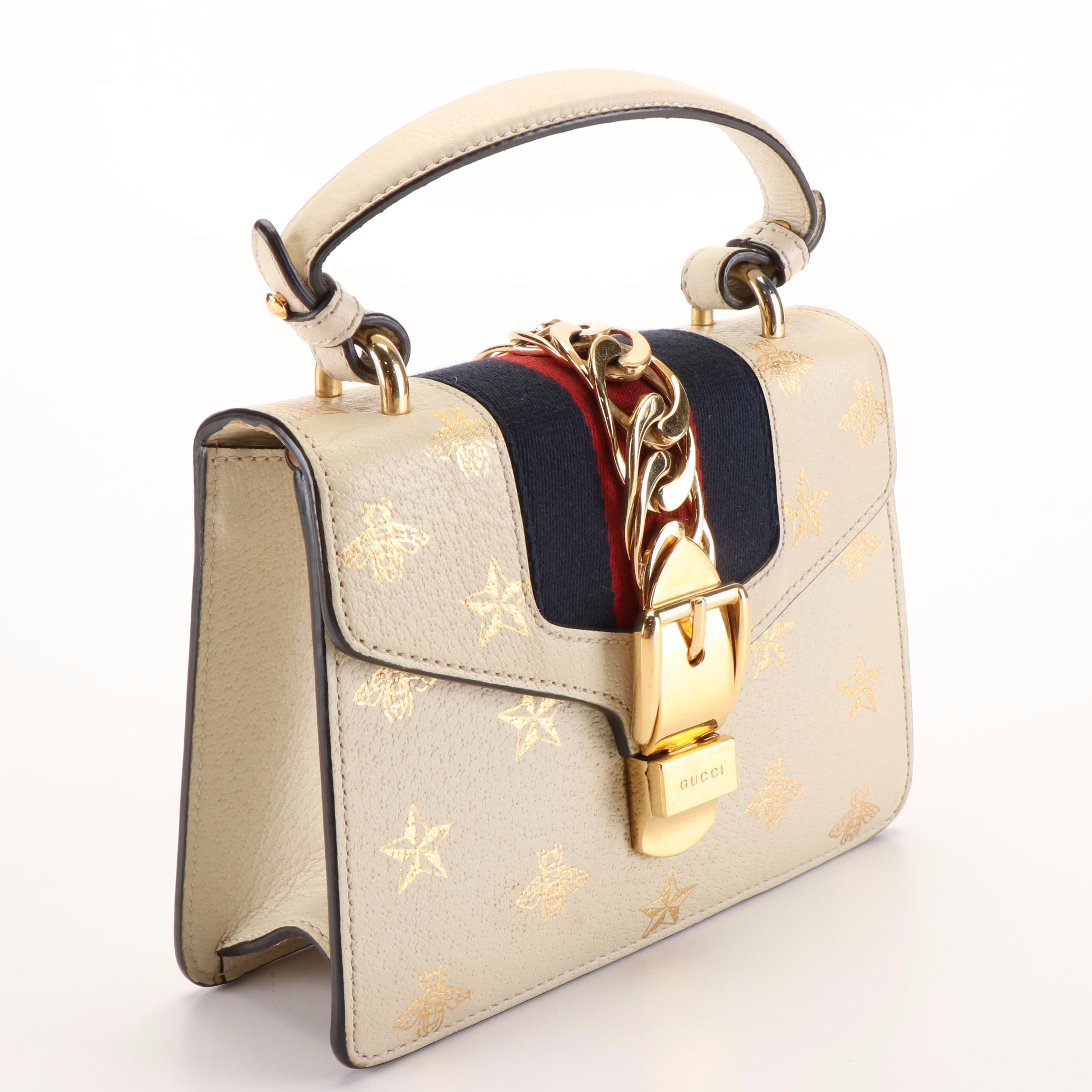 Gucci Sylvie Bee Star Ivory Leather Top Handle/Shoulder Bag