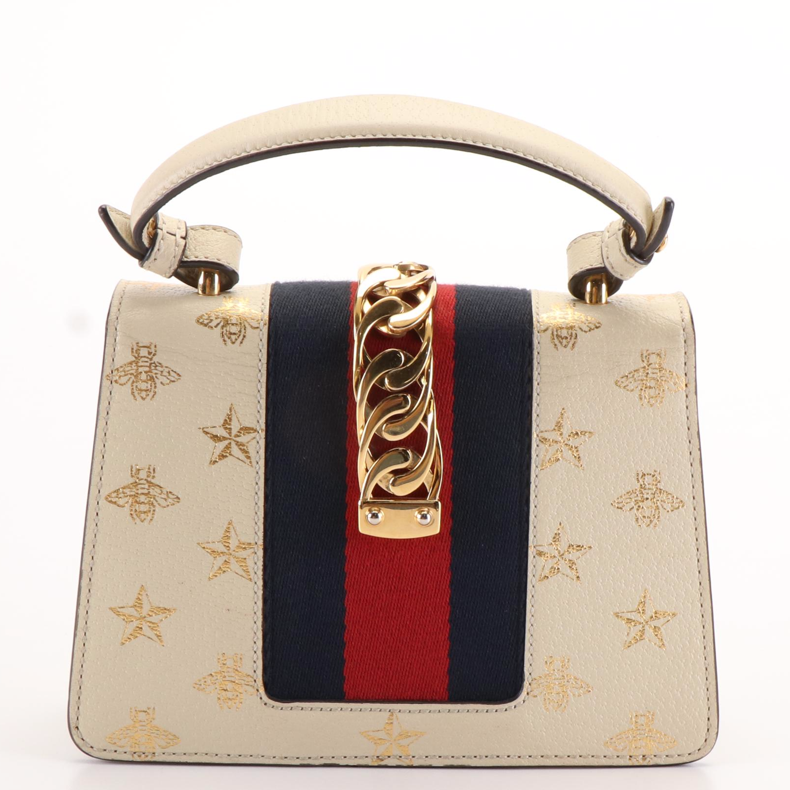 Gucci Sylvie Bee Star Ivory Leather Top Handle/Shoulder Bag