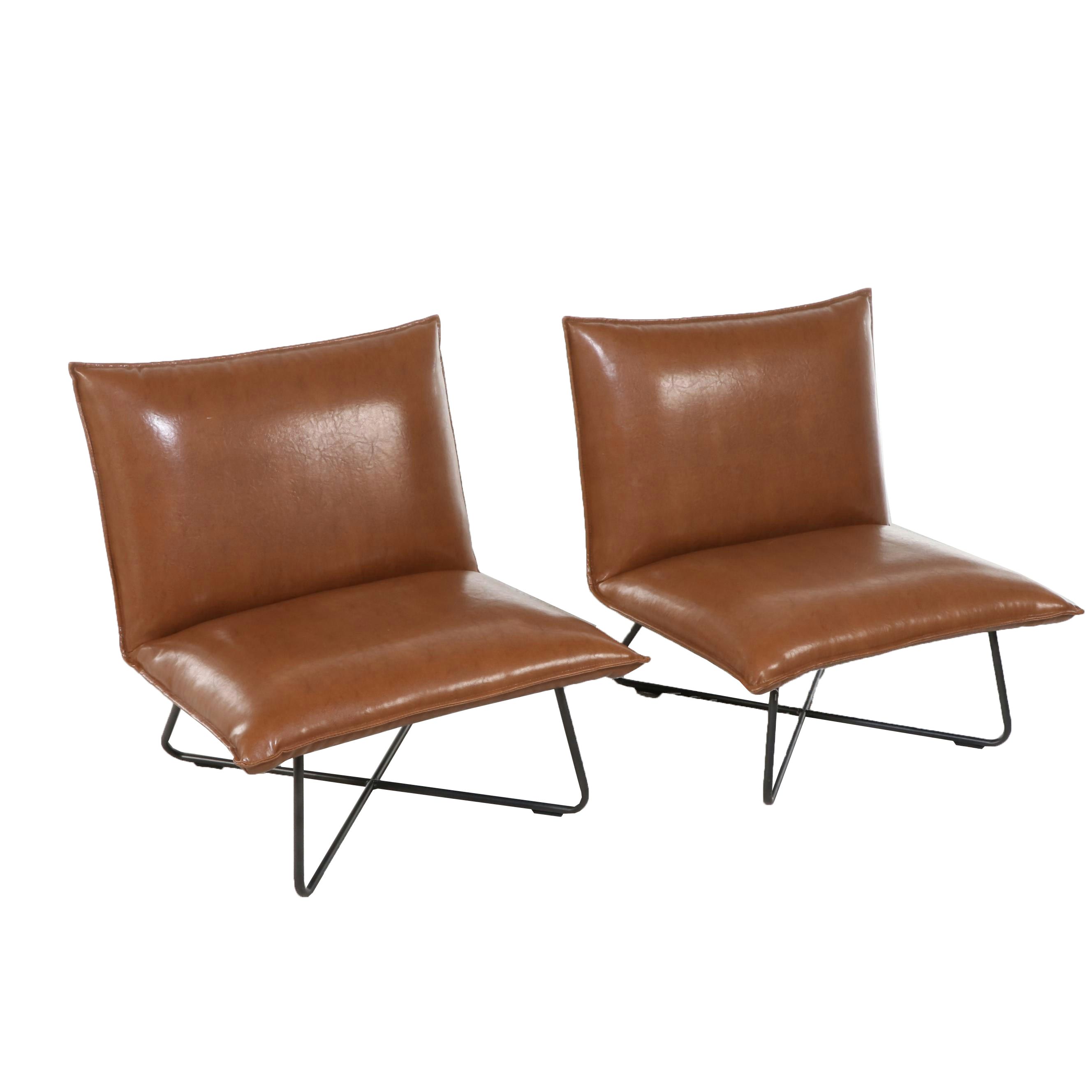Pair of Mid Century Modern Style Faux Leather and Metal Slipper Chairs