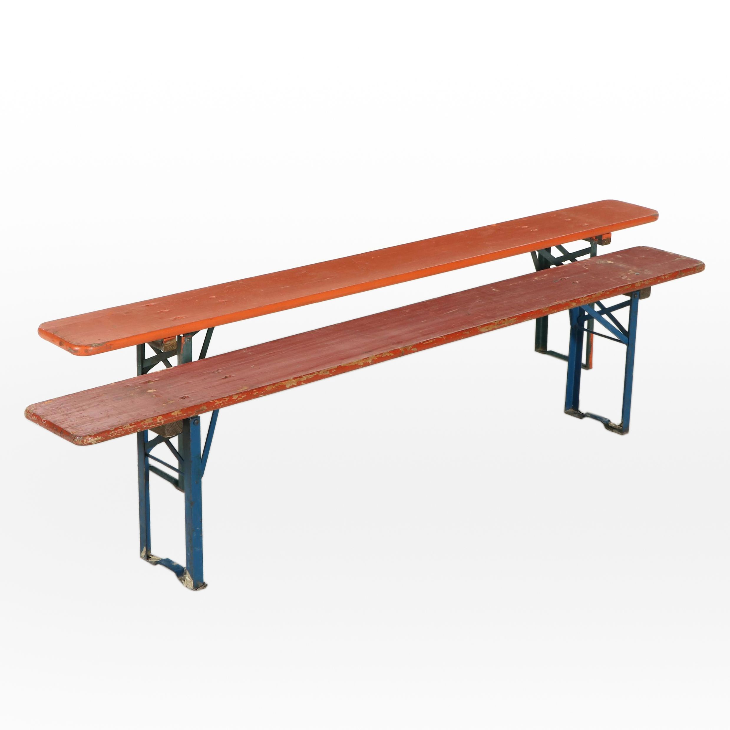 Three Piece German Wood and Metal Folding Biergarten Table and Benches
