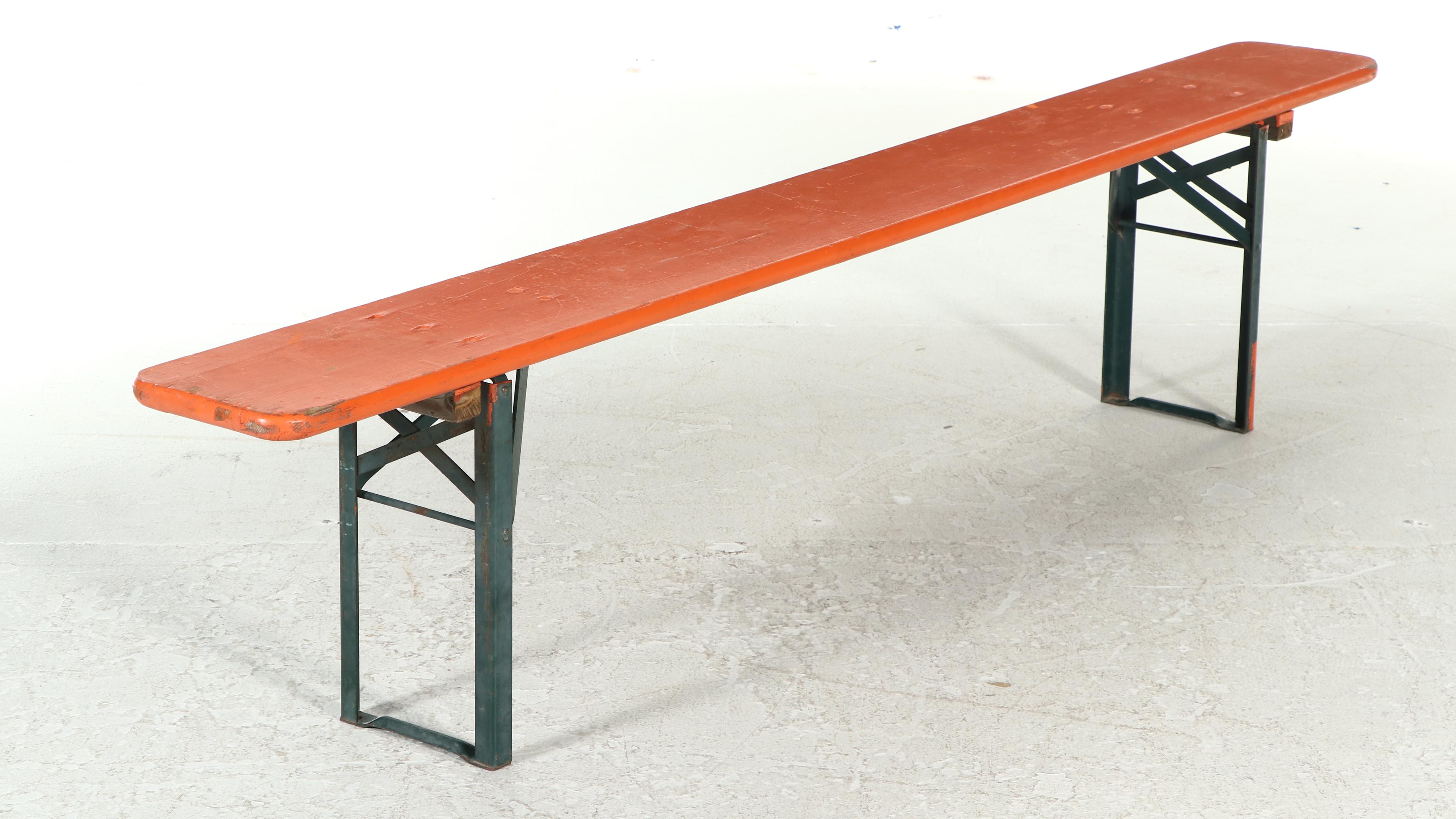 Three Piece German Wood and Metal Folding Biergarten Table and Benches