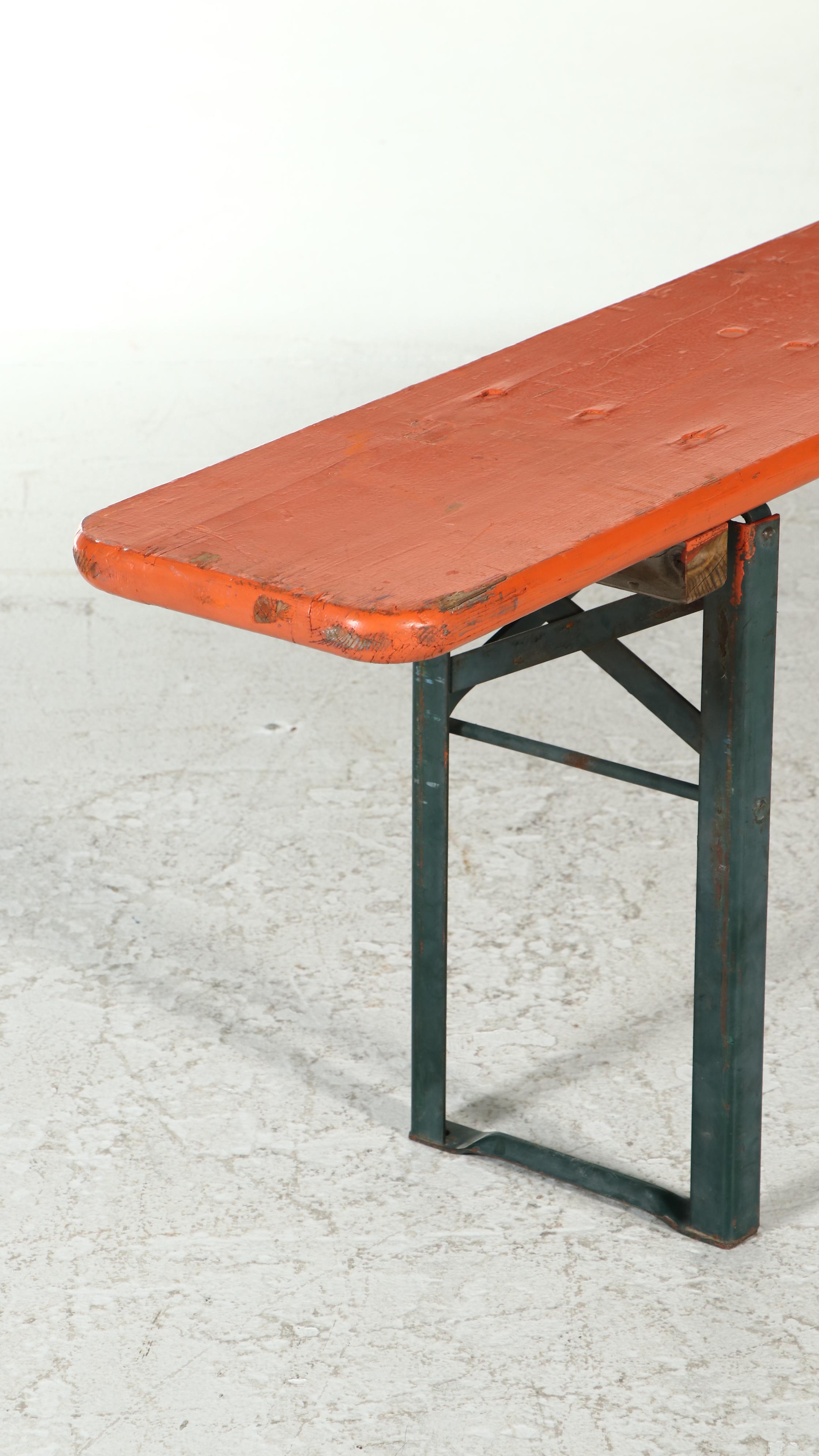 Three Piece German Wood and Metal Folding Biergarten Table and Benches