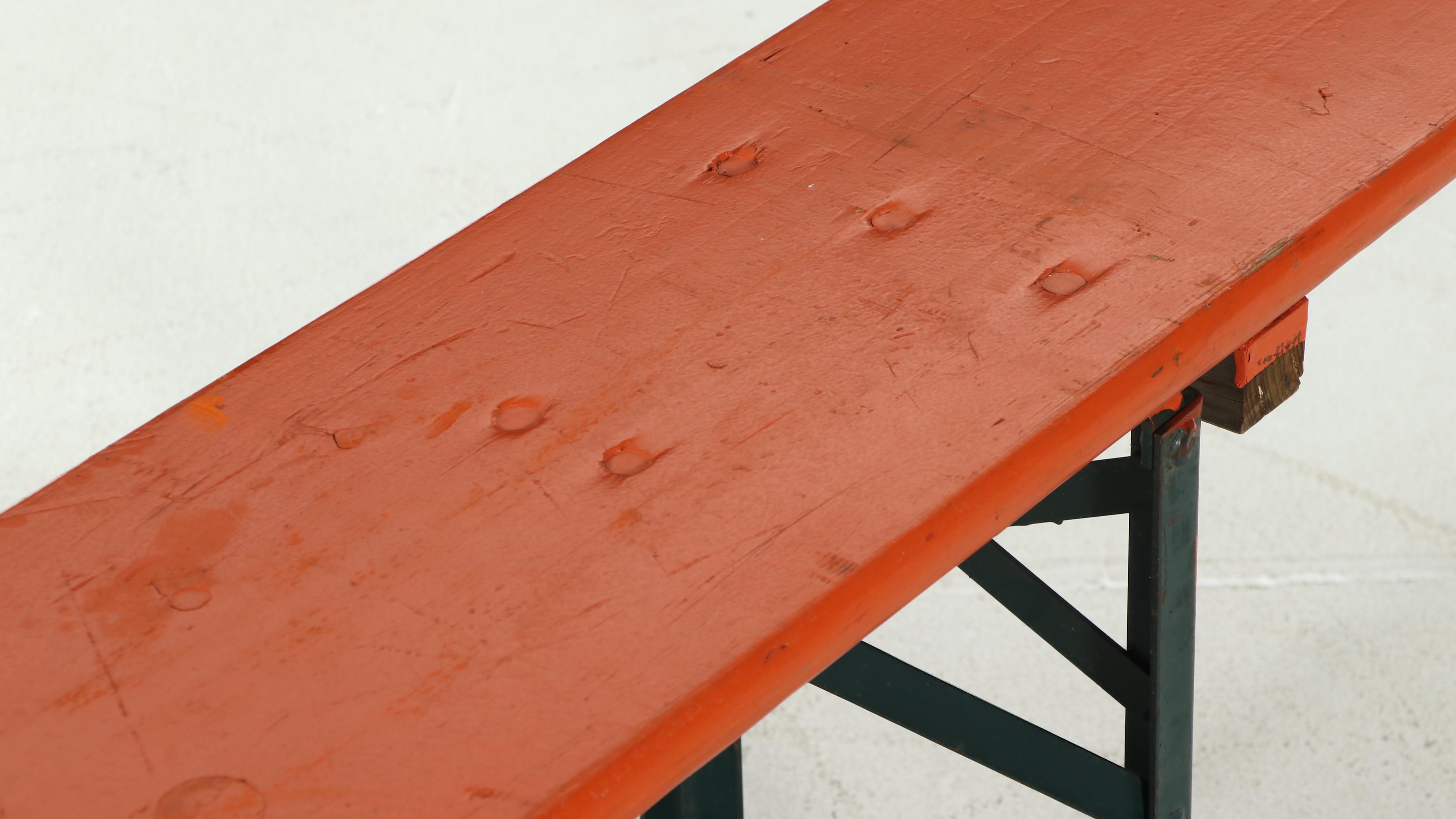 Three Piece German Wood and Metal Folding Biergarten Table and Benches