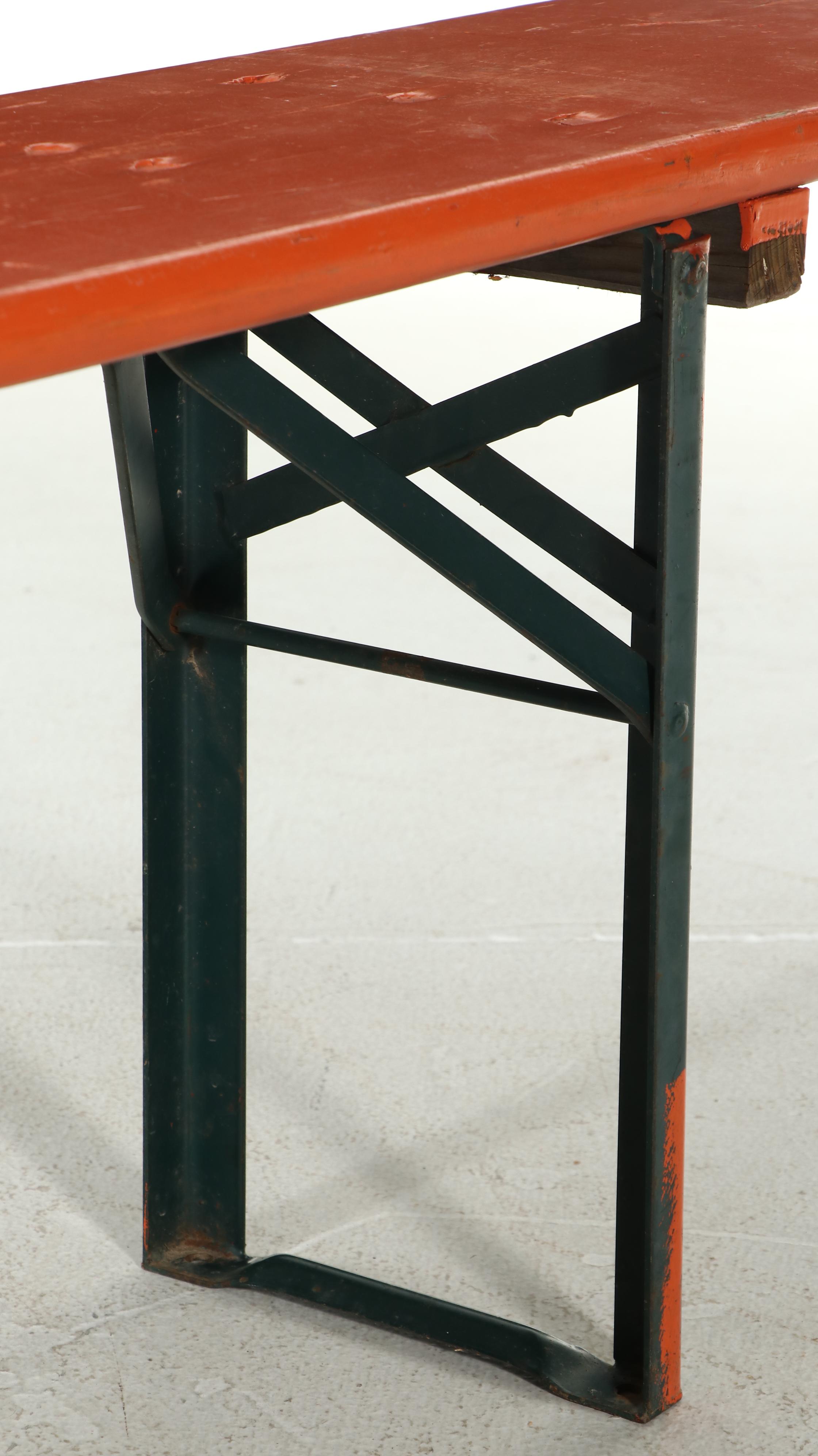 Three Piece German Wood and Metal Folding Biergarten Table and Benches