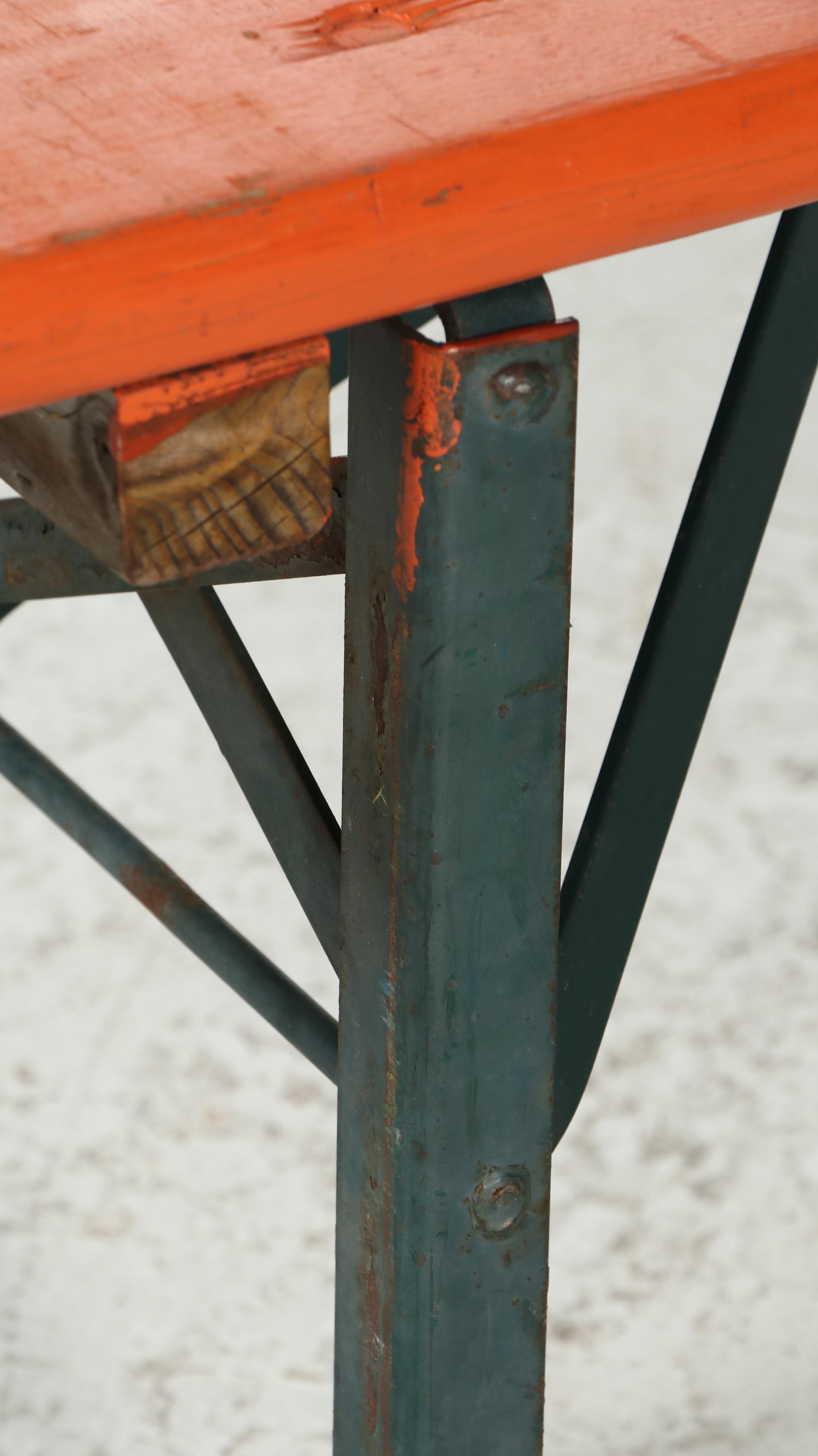 Three Piece German Wood and Metal Folding Biergarten Table and Benches