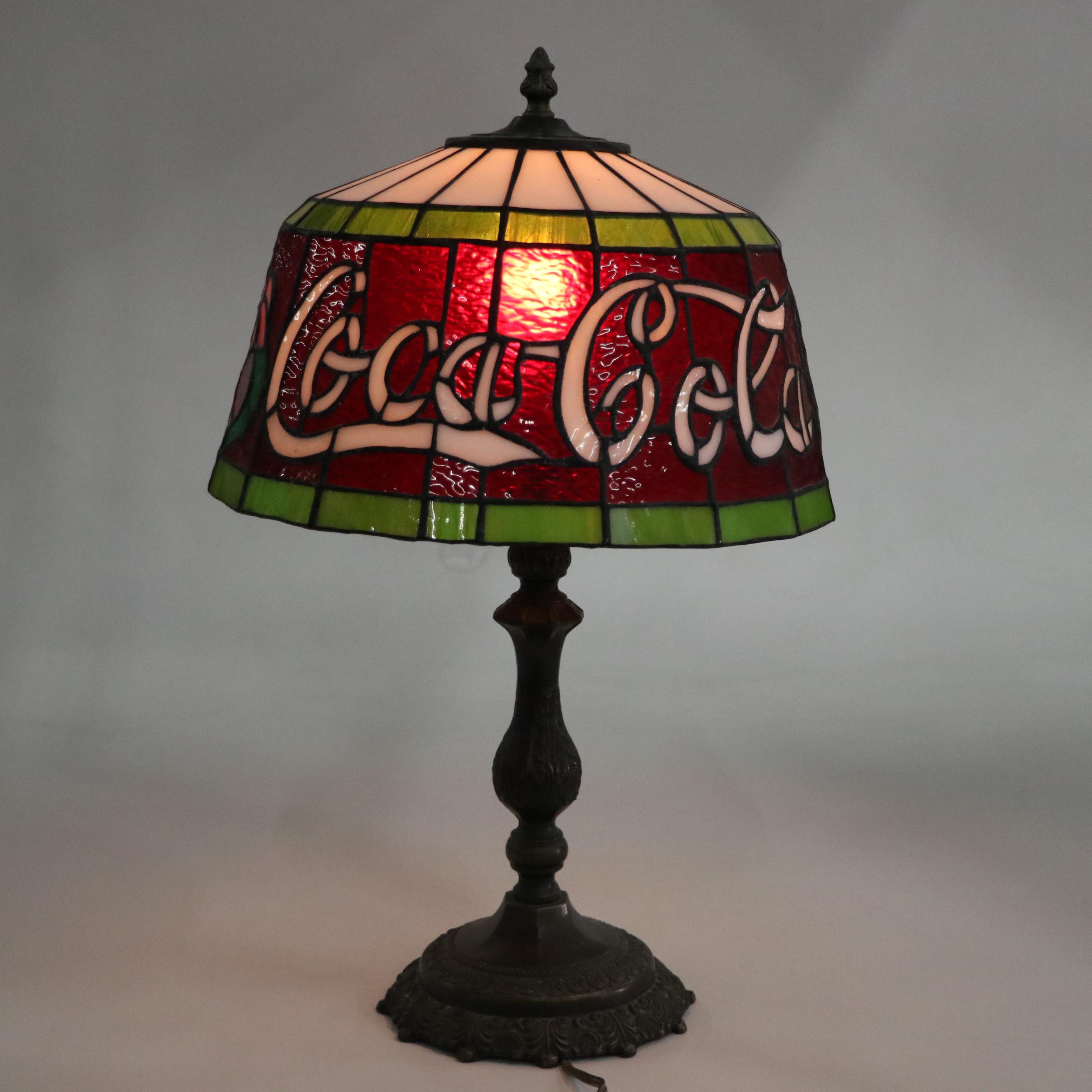 Coca-Cola Stained Glass and Pressed Metal Table Lamp, Mid to Late 20th Century