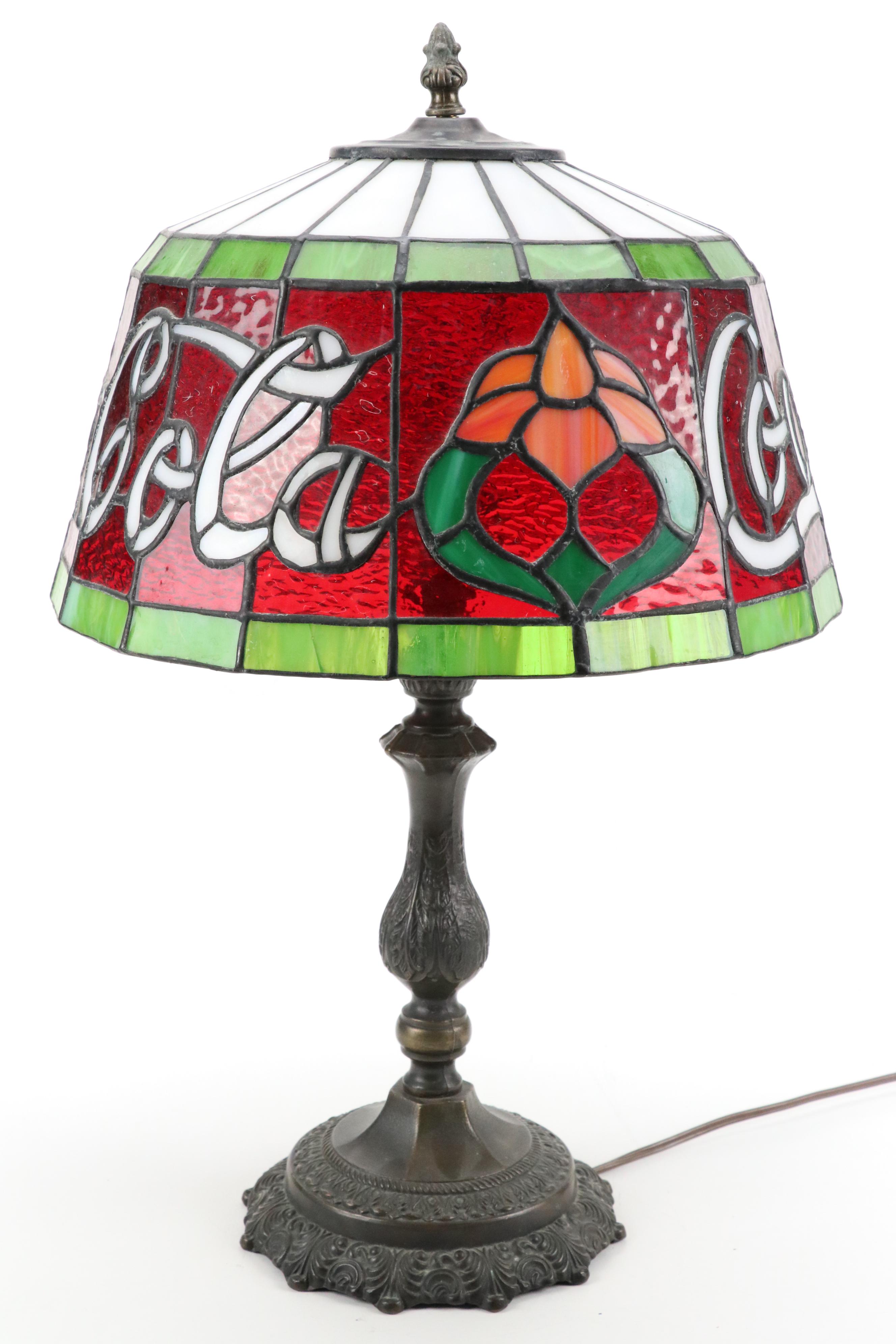 Coca-Cola Stained Glass and Pressed Metal Table Lamp, Mid to Late 20th Century