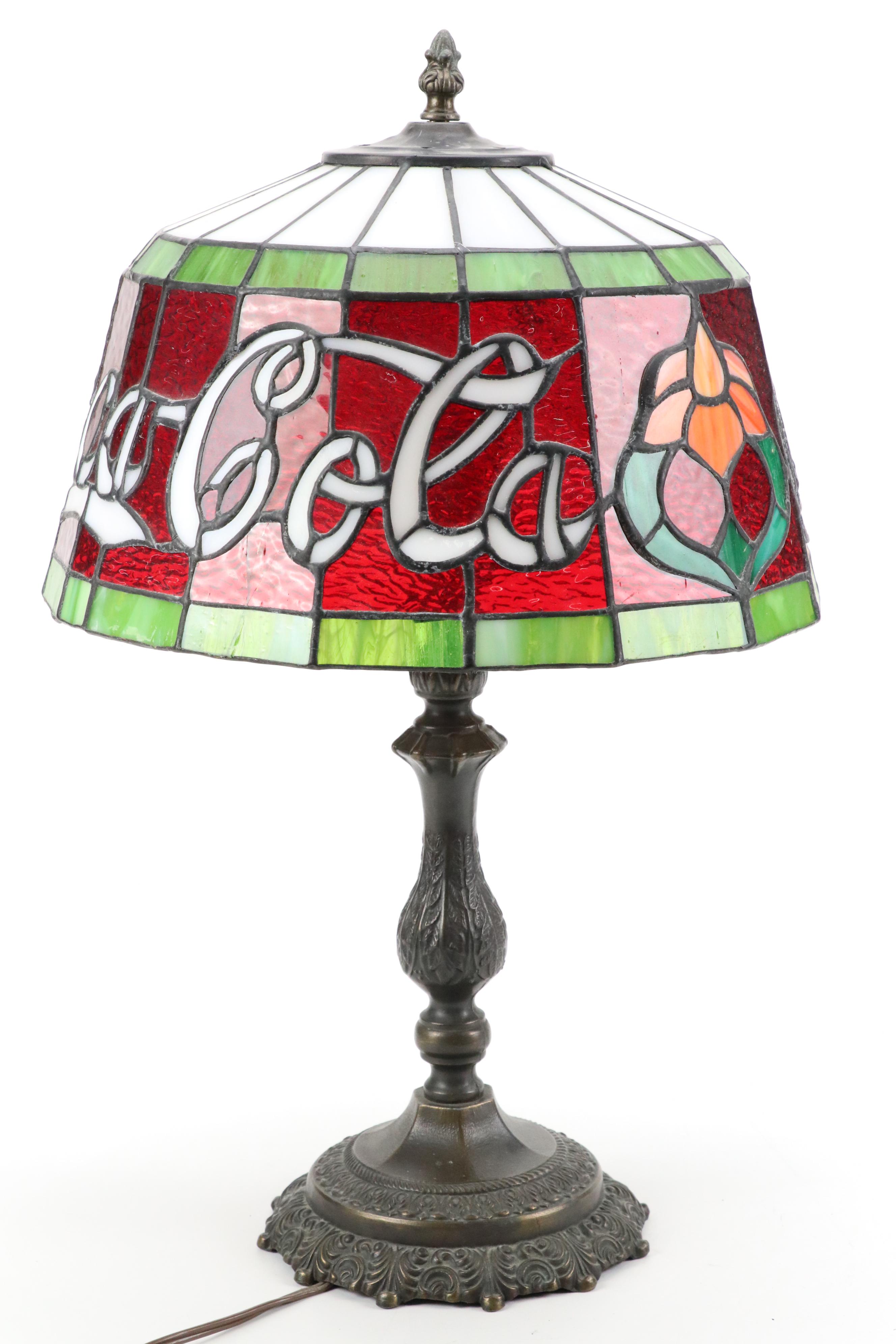 Coca-Cola Stained Glass and Pressed Metal Table Lamp, Mid to Late 20th Century