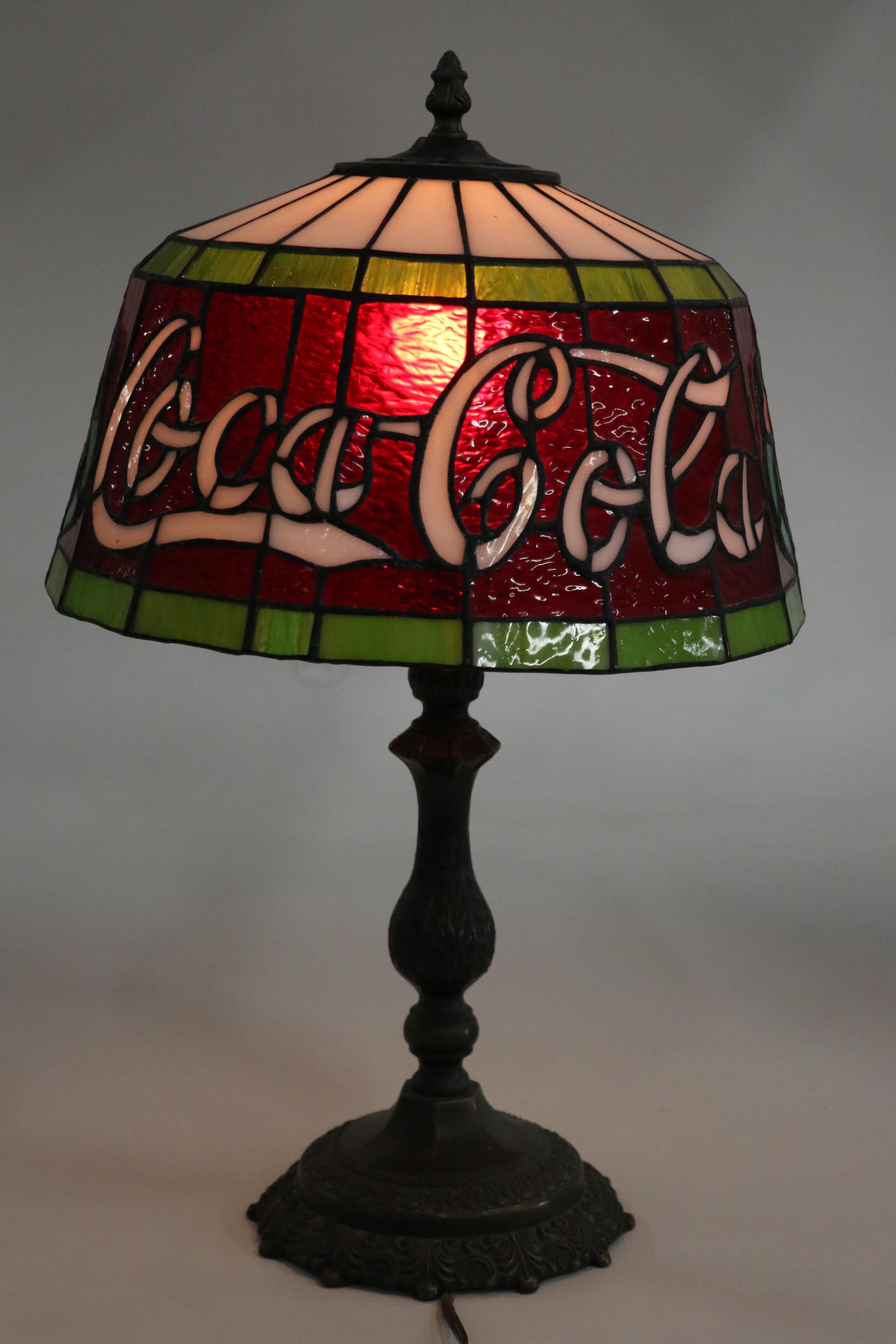 Coca-Cola Stained Glass and Pressed Metal Table Lamp, Mid to Late 20th Century