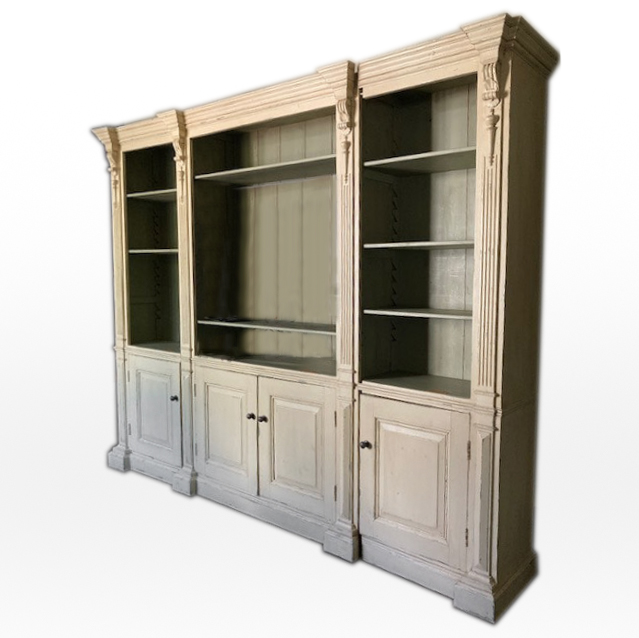 Neoclassical Three-Piece Painted Wood Bookcase with Adjustable Shelves
