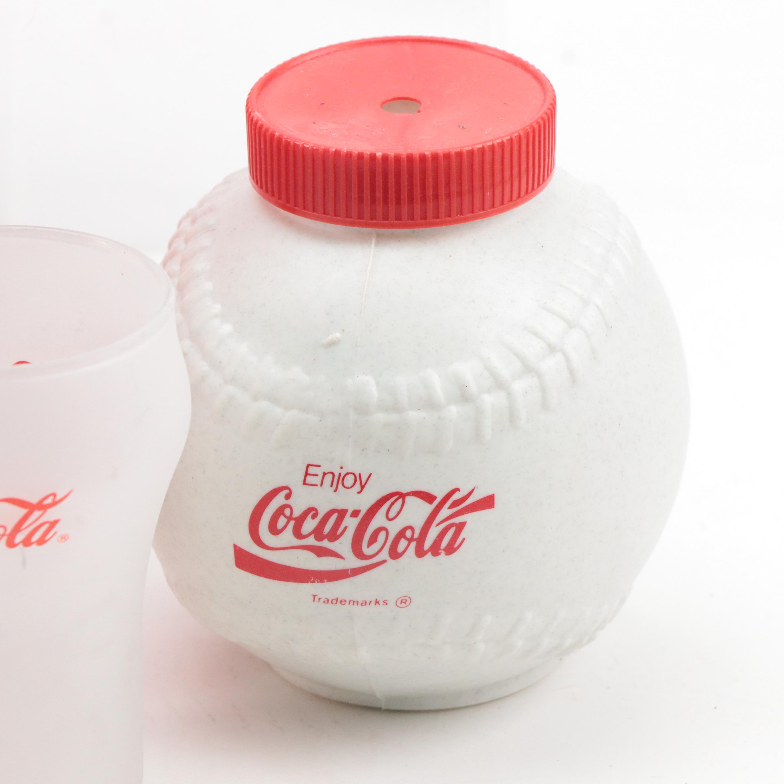 Coca-Cola Pitchers and Aladdin Thermos with Mugs, Tumblers and Glass Snack Bowls