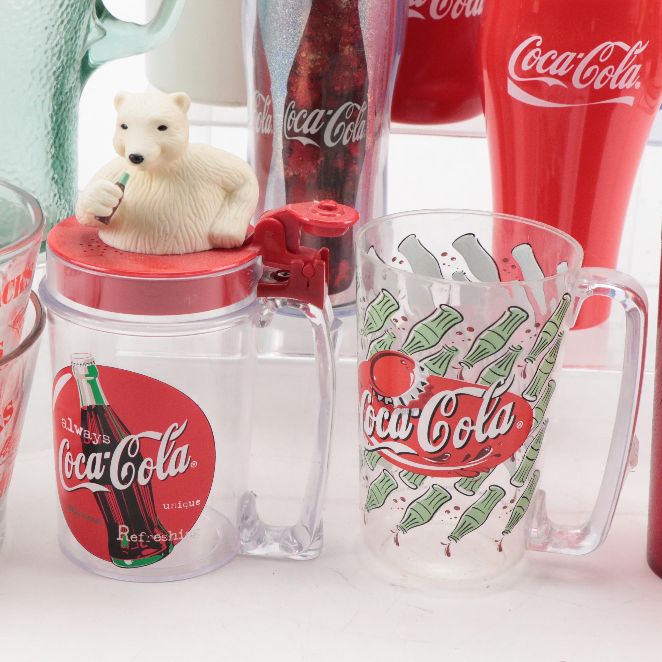 Coca-Cola Pitchers and Aladdin Thermos with Mugs, Tumblers and Glass Snack Bowls