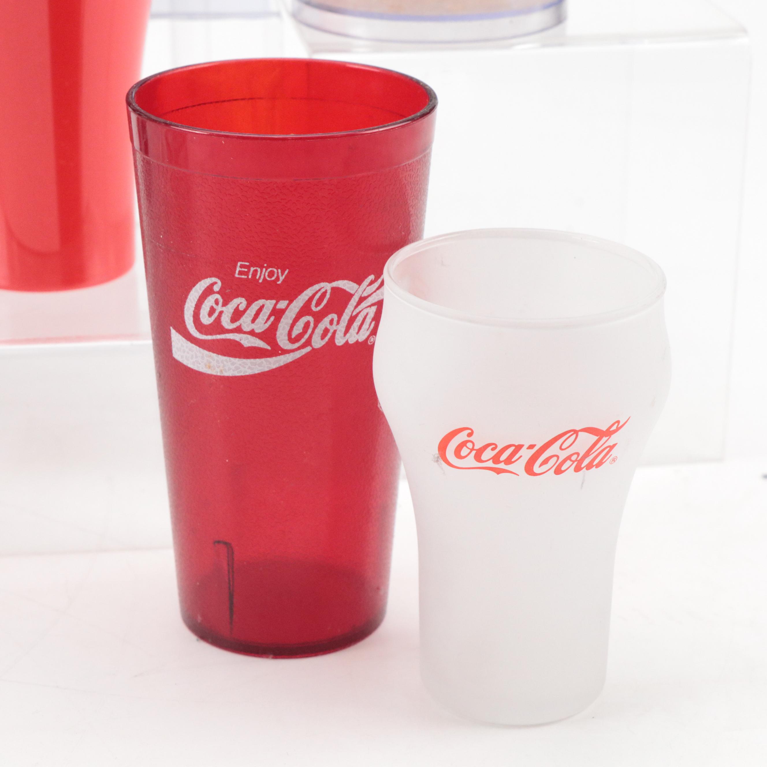 Coca-Cola Pitchers and Aladdin Thermos with Mugs, Tumblers and Glass Snack Bowls