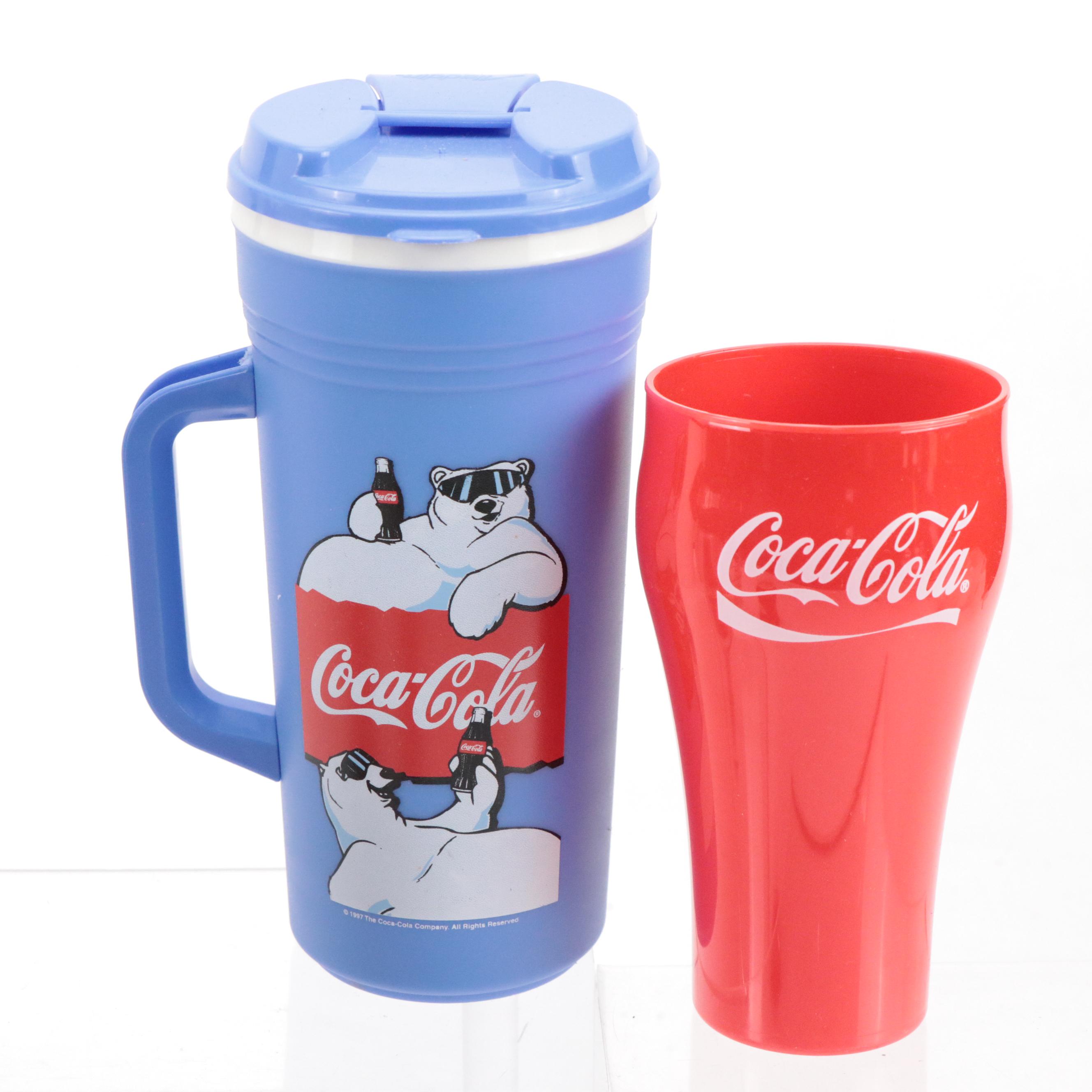 Coca-Cola Pitchers and Aladdin Thermos with Mugs, Tumblers and Glass Snack Bowls