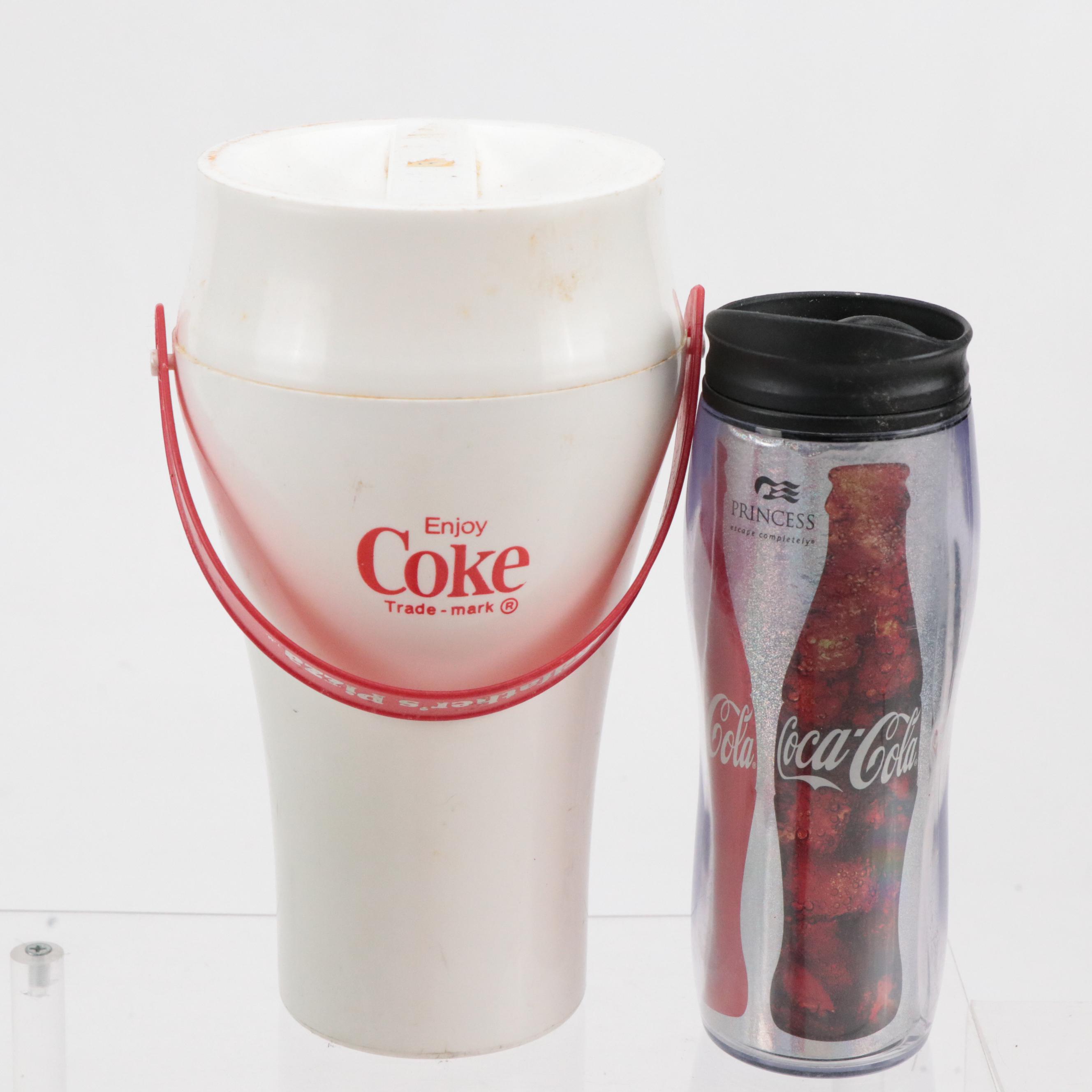 Coca-Cola Pitchers and Aladdin Thermos with Mugs, Tumblers and Glass Snack Bowls