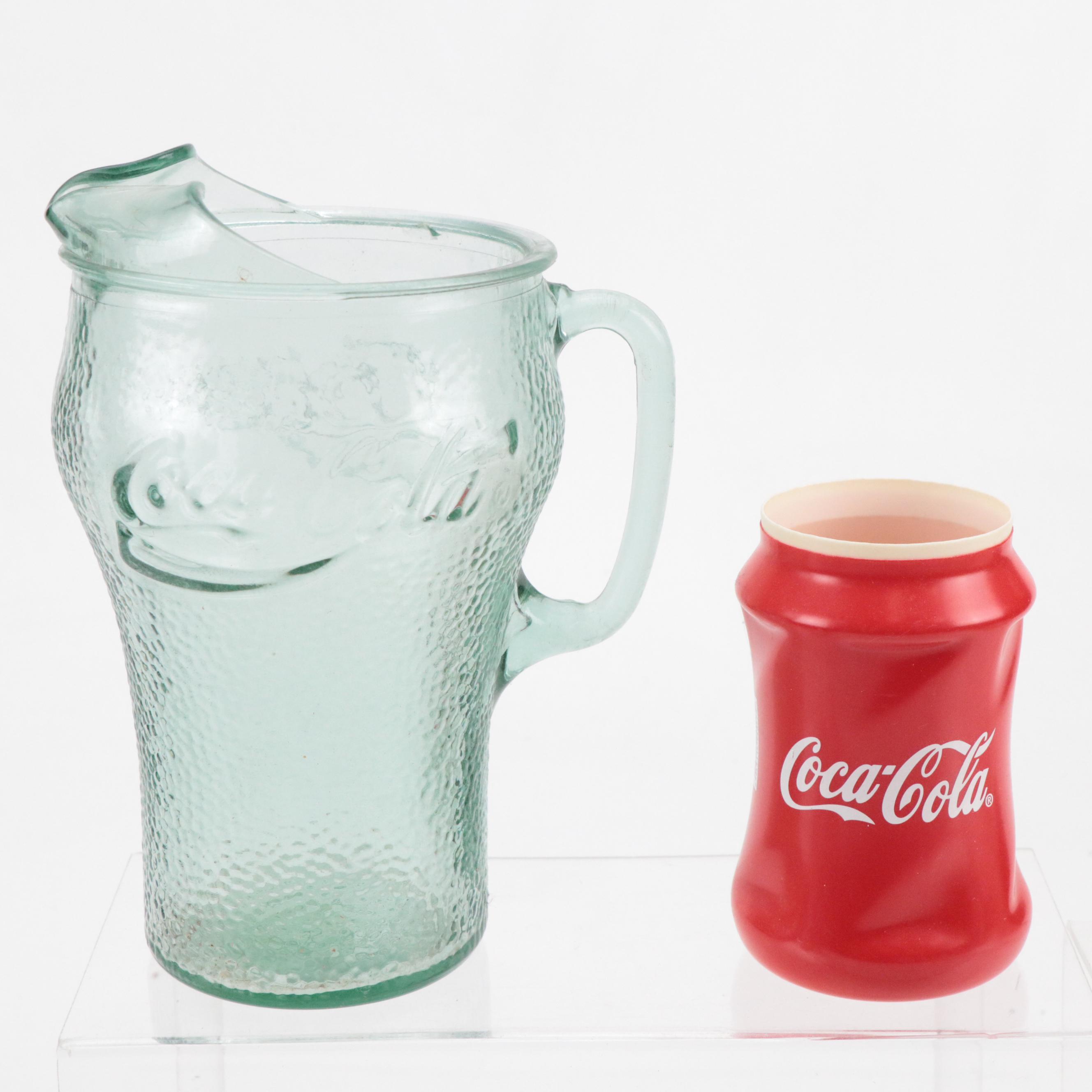 Coca-Cola Pitchers and Aladdin Thermos with Mugs, Tumblers and Glass Snack Bowls