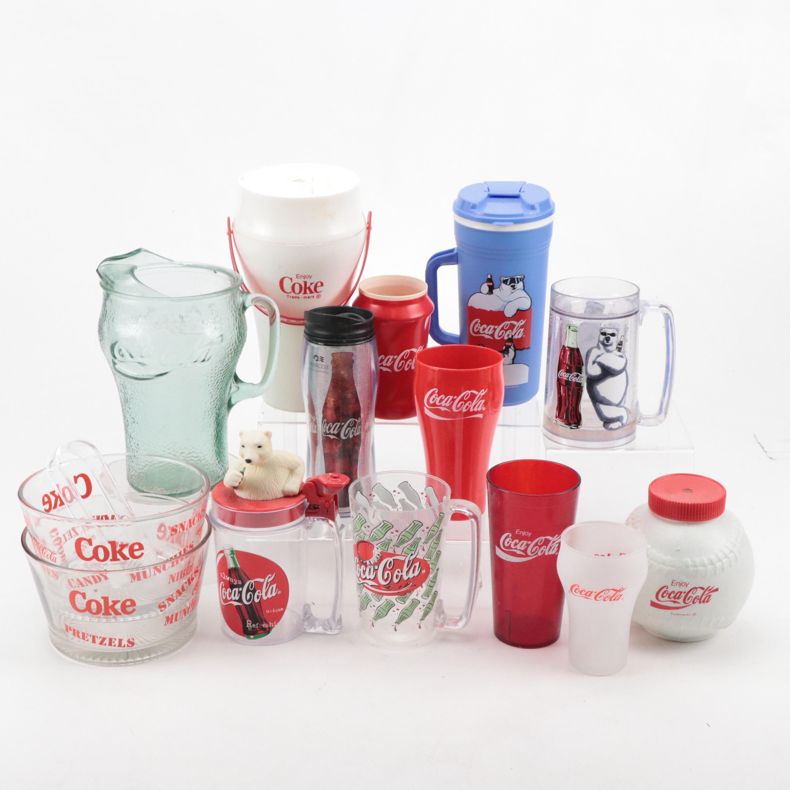 Coca-Cola Pitchers and Aladdin Thermos with Mugs, Tumblers and Glass Snack Bowls