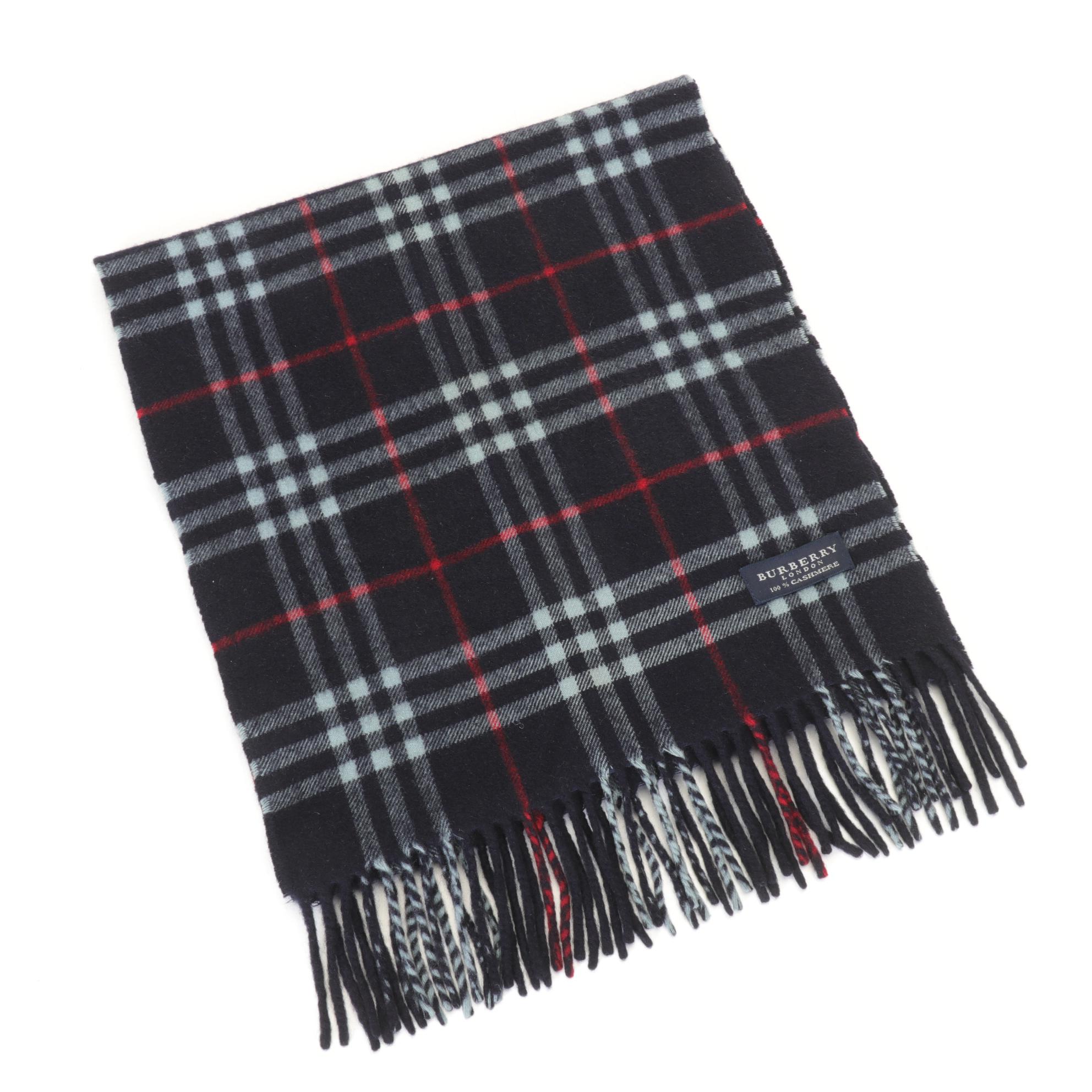Burberry London Navy Blue Cashmere Fringed Scarf in House Check