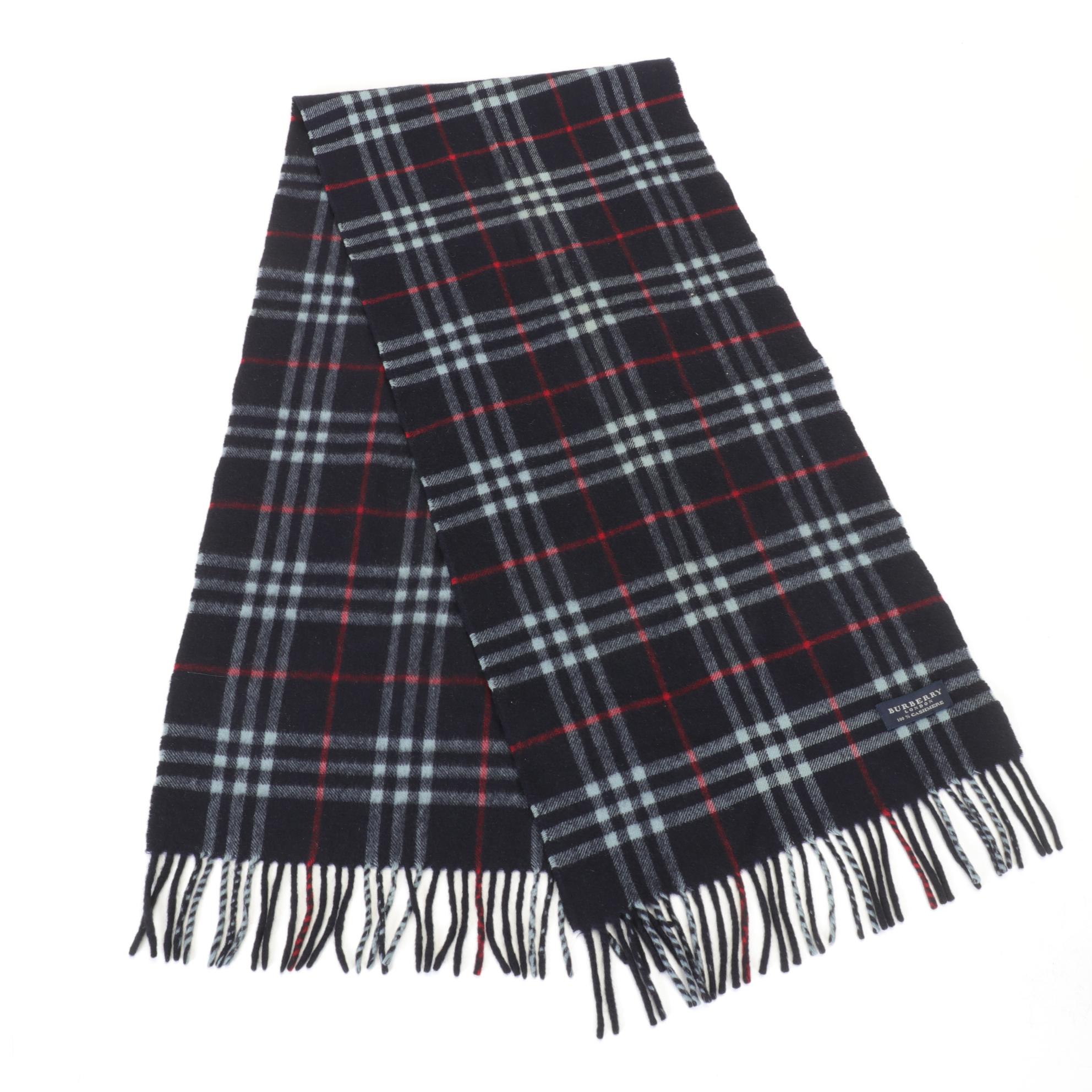 Burberry London Navy Blue Cashmere Fringed Scarf in House Check