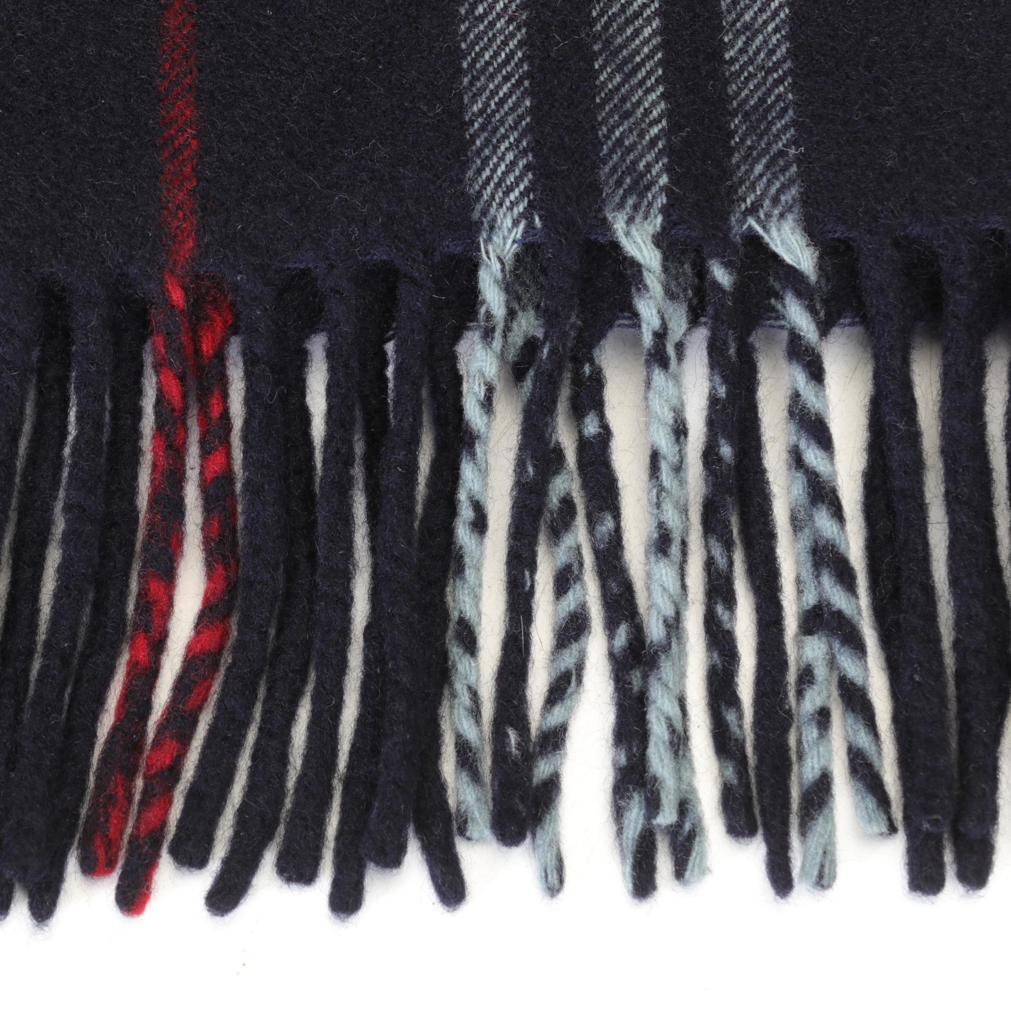 Burberry London Navy Blue Cashmere Fringed Scarf in House Check