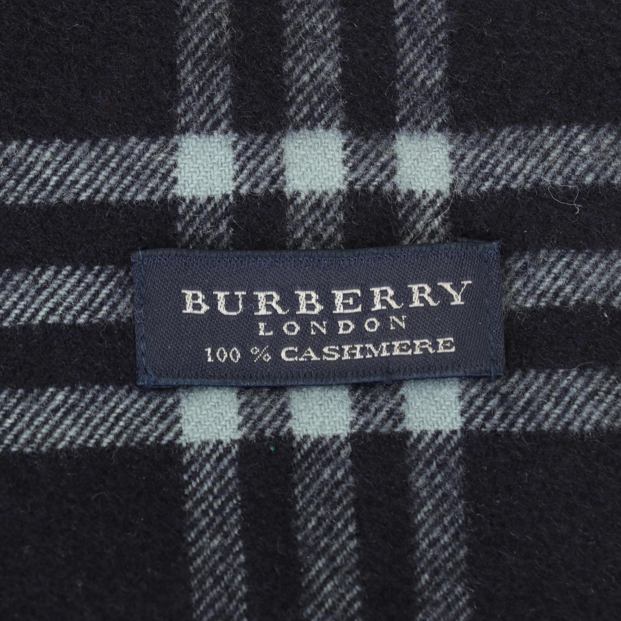 Burberry London Navy Blue Cashmere Fringed Scarf in House Check