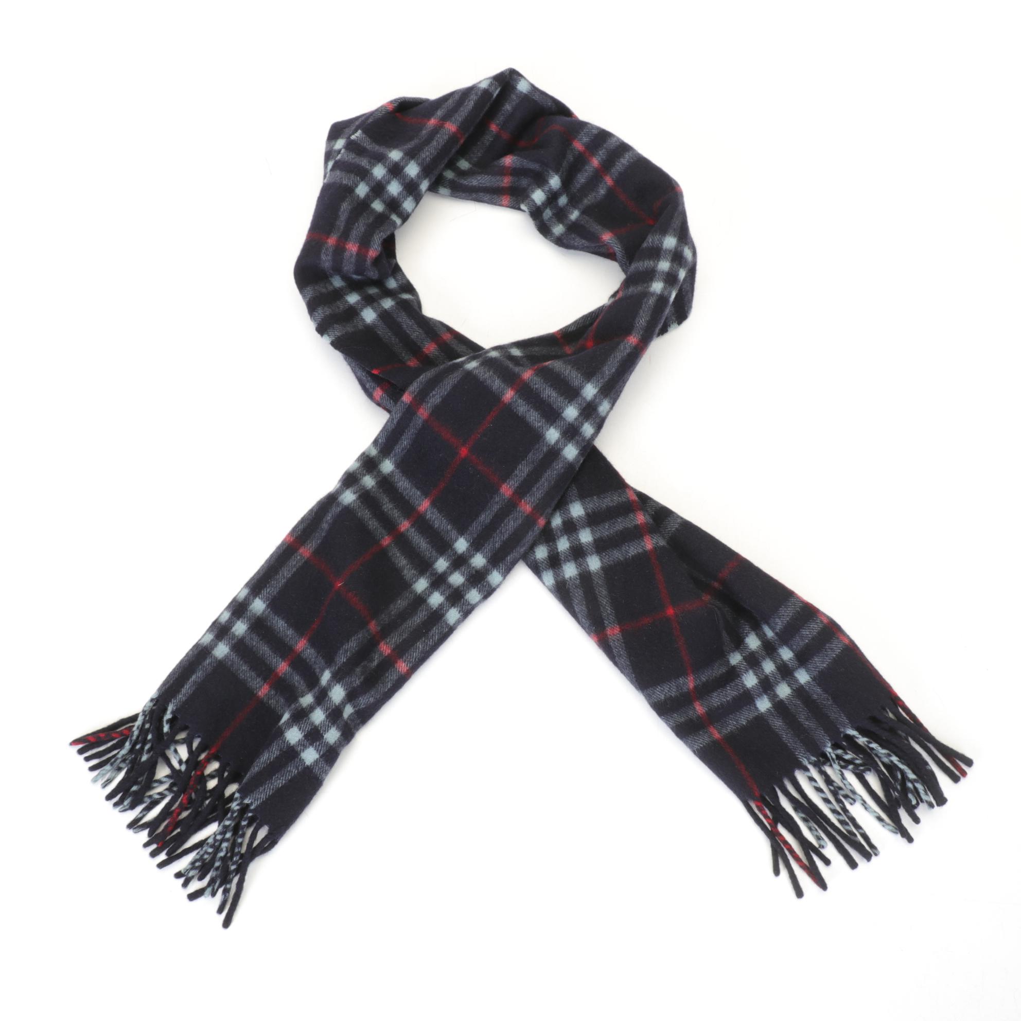 Burberry London Navy Blue Cashmere Fringed Scarf in House Check
