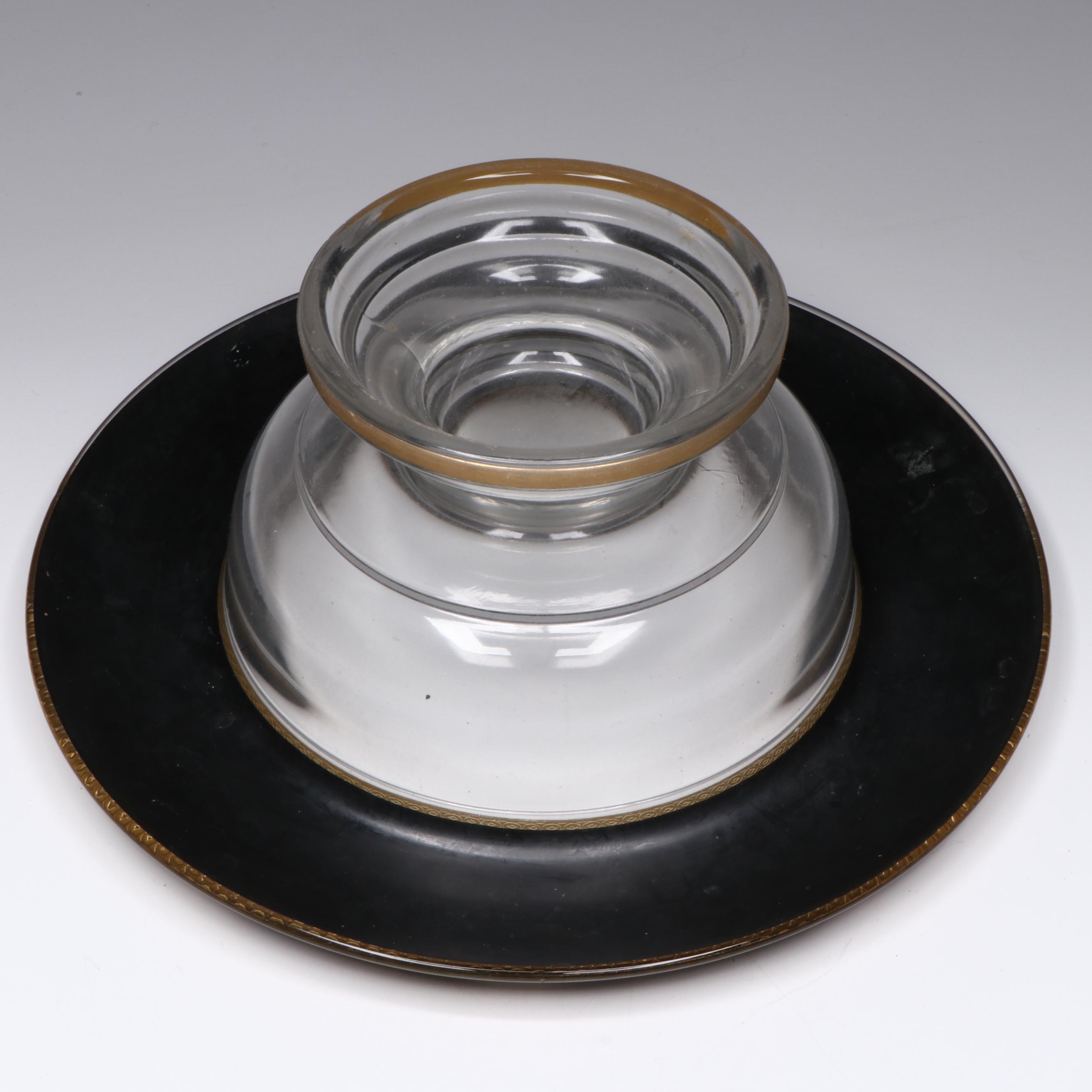 Art Deco Style Gilt Accented and Enamel Console Bowl and Candlesticks