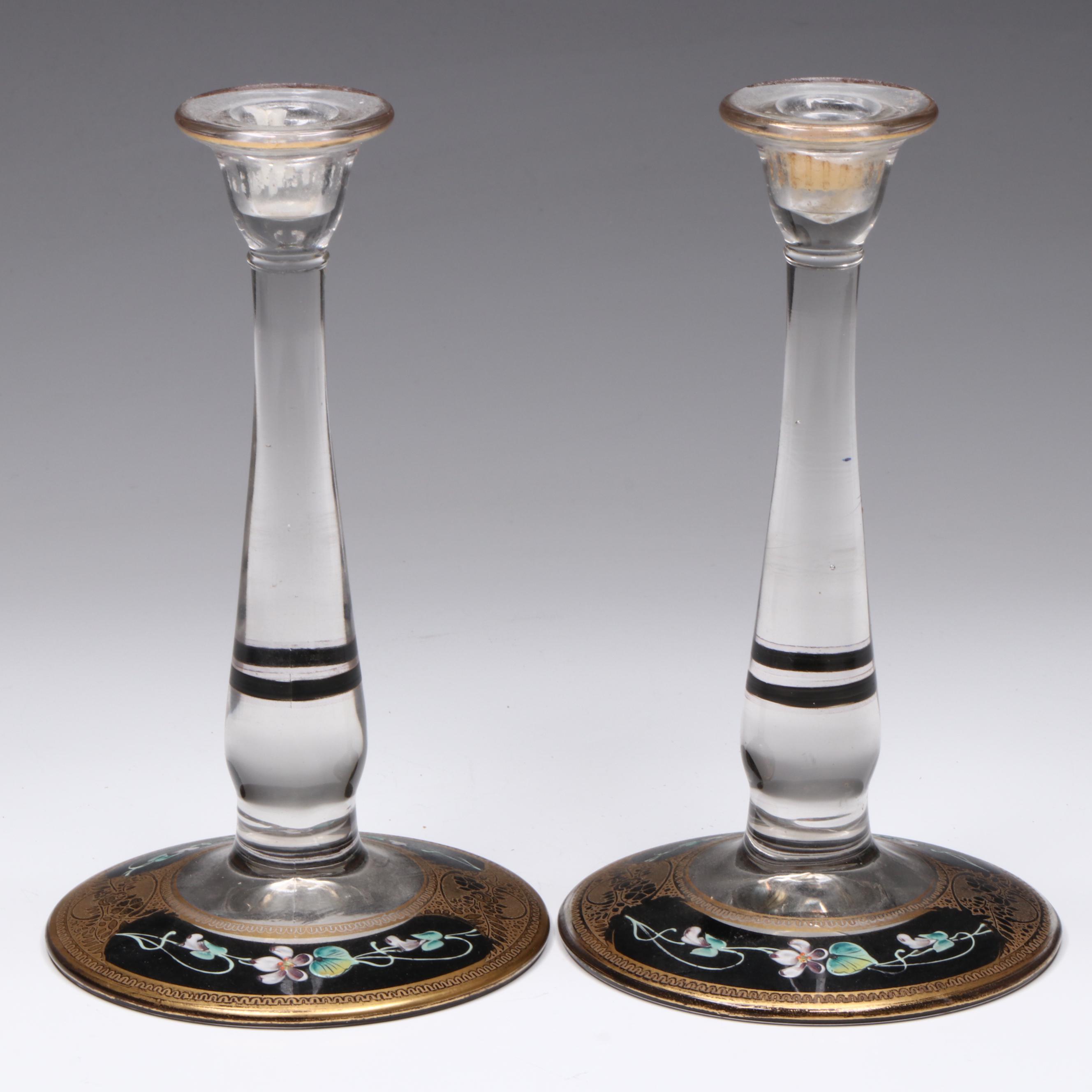 Art Deco Style Gilt Accented and Enamel Console Bowl and Candlesticks