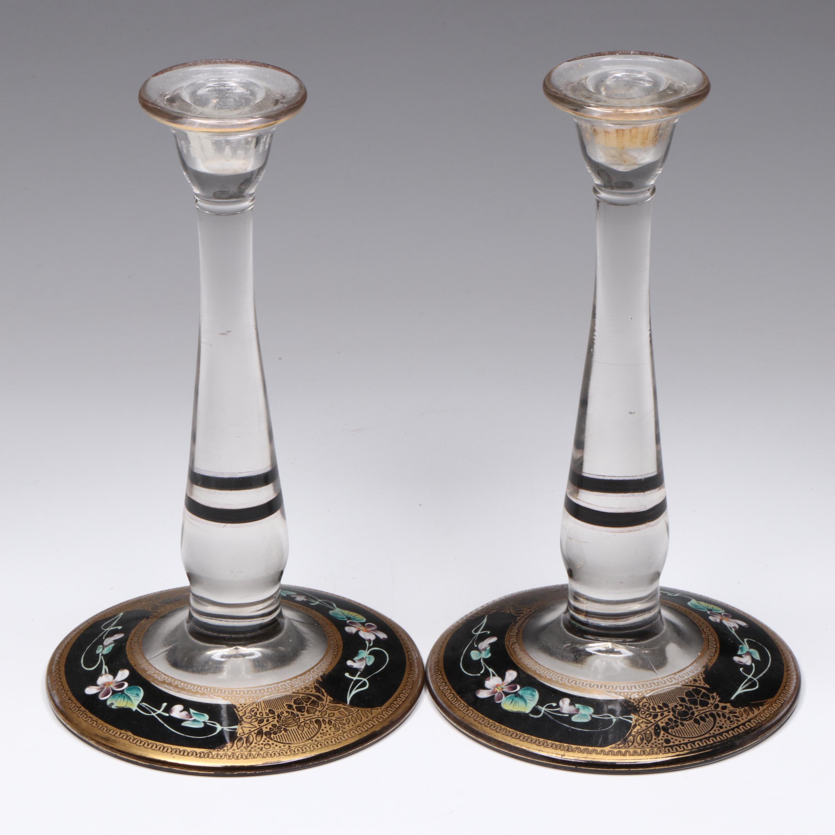Art Deco Style Gilt Accented and Enamel Console Bowl and Candlesticks