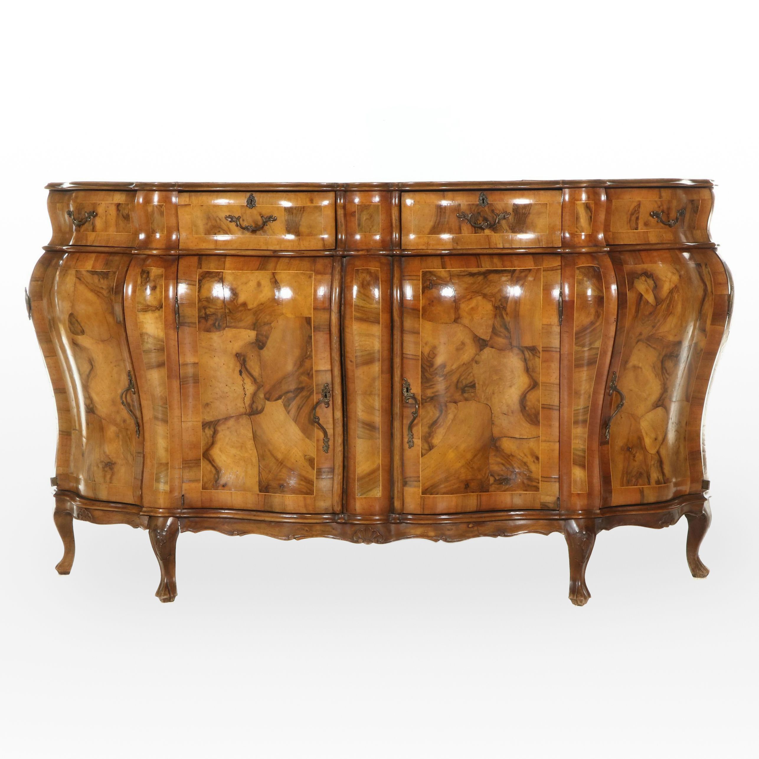Louis XV Style Oyster-Veneered Walnut Bombé Buffet, 20th Century